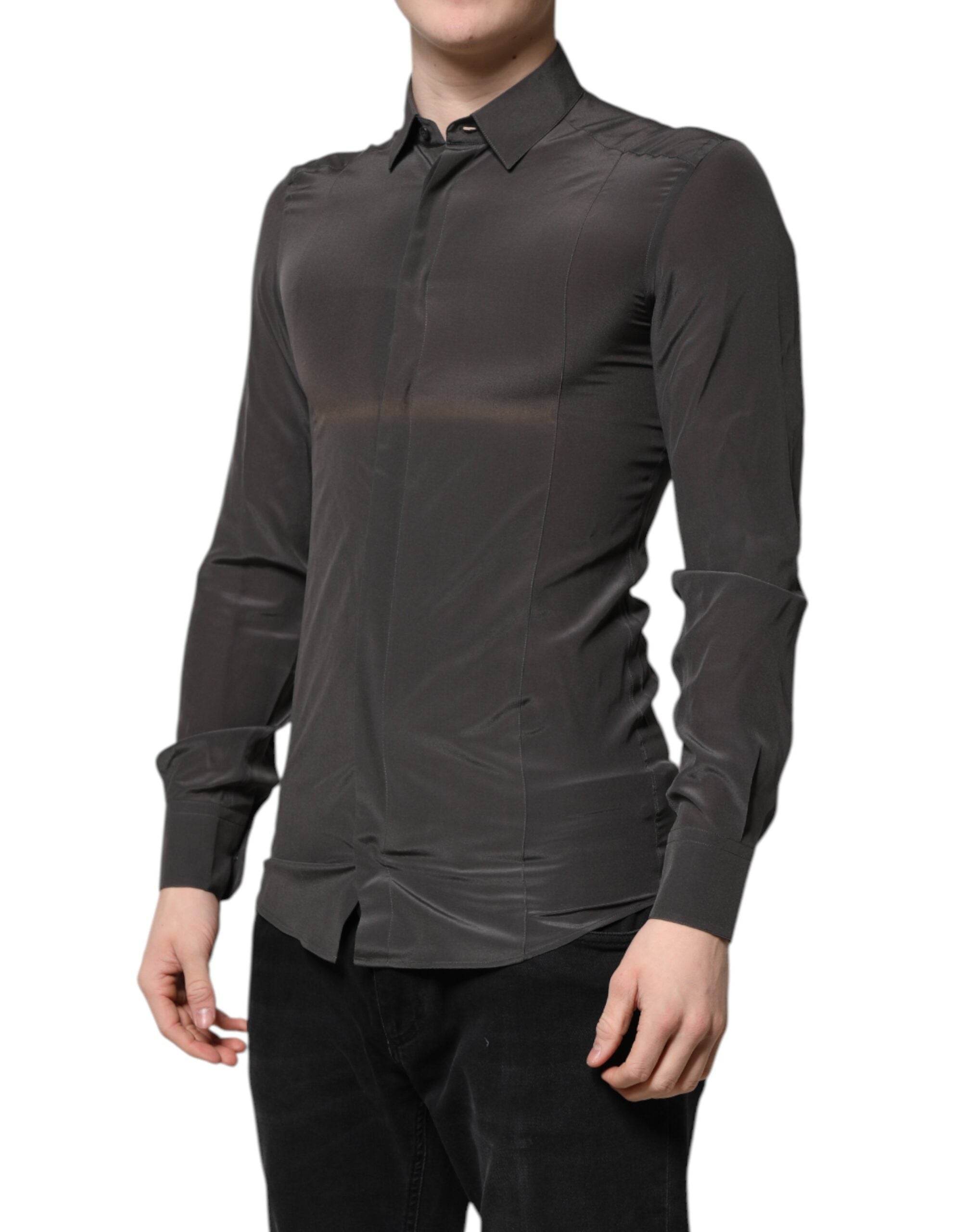 Dolce & Gabbana Dark Gray Silk GOLD Dress Formal Shirt - Hilstor