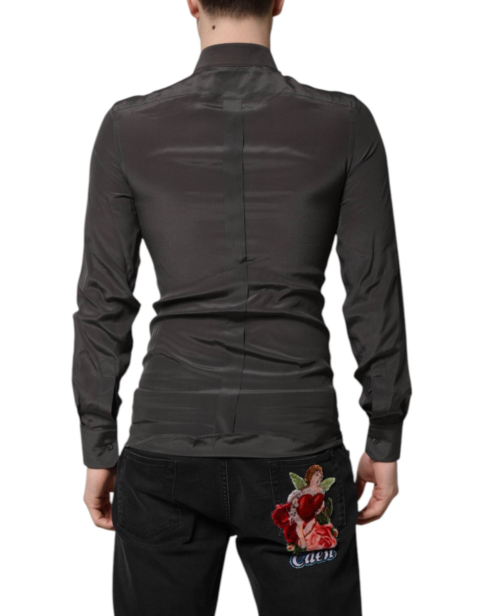 Dolce & Gabbana Dark Gray Silk GOLD Dress Formal Shirt - Hilstor