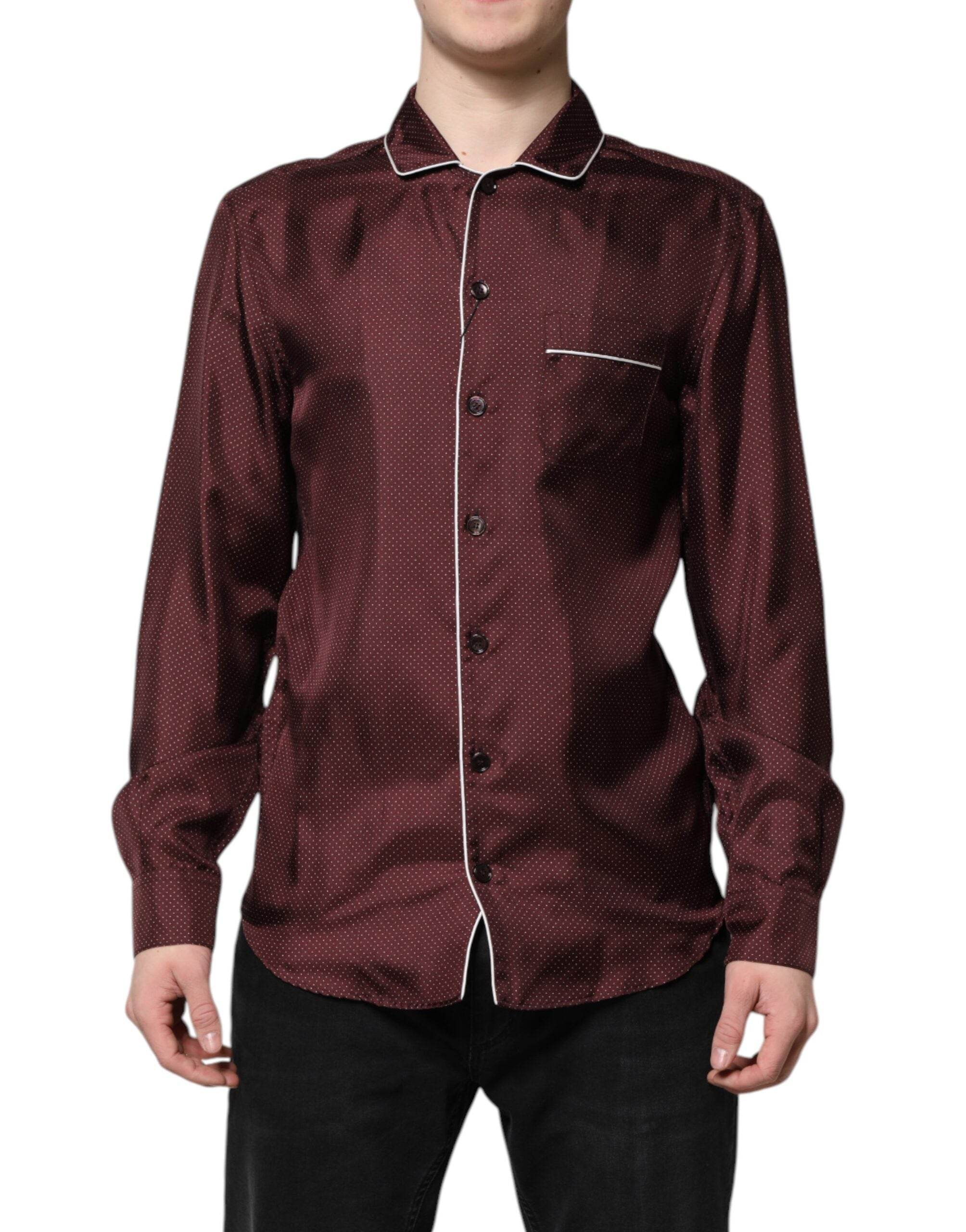 Dolce & Gabbana Burgundy Silk Dotted Long Sleeves Shirt - Hilstor