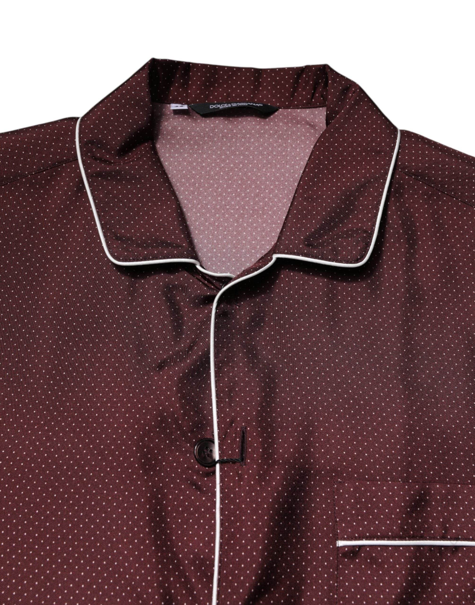 Dolce & Gabbana Burgundy Silk Dotted Long Sleeves Shirt - Hilstor