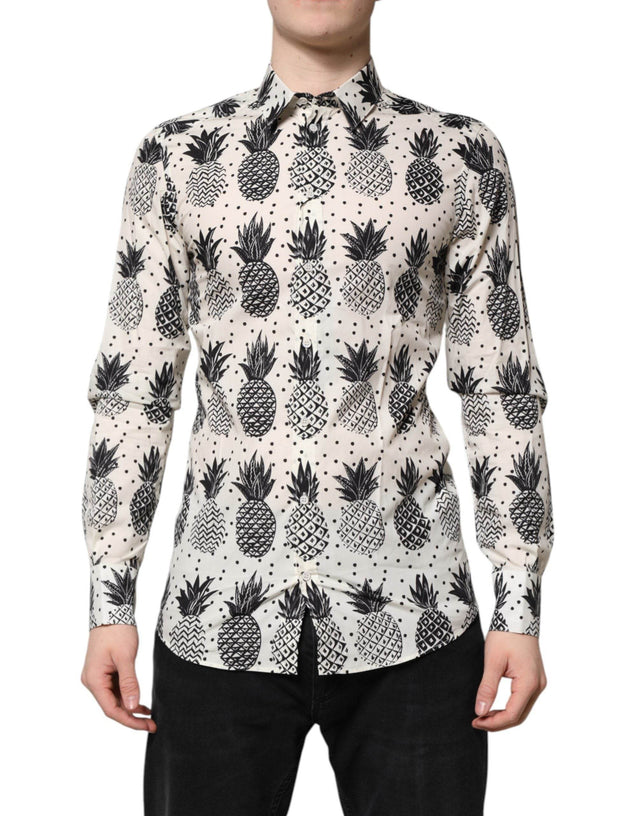 Dolce & Gabbana White Pineapple Print Long Sleeve GOLD Shirt - Hilstor