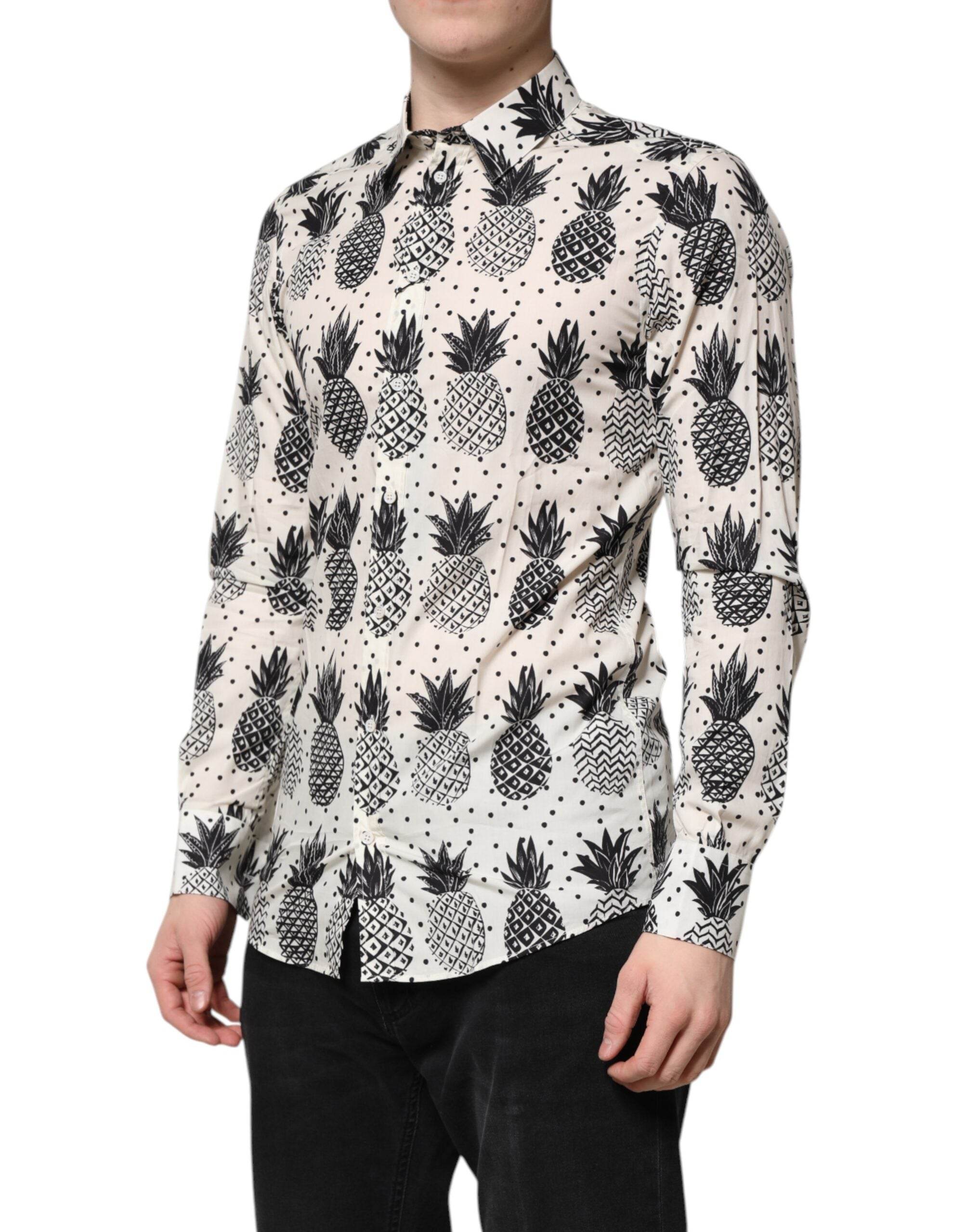 Dolce & Gabbana White Pineapple Print Long Sleeve GOLD Shirt - Hilstor