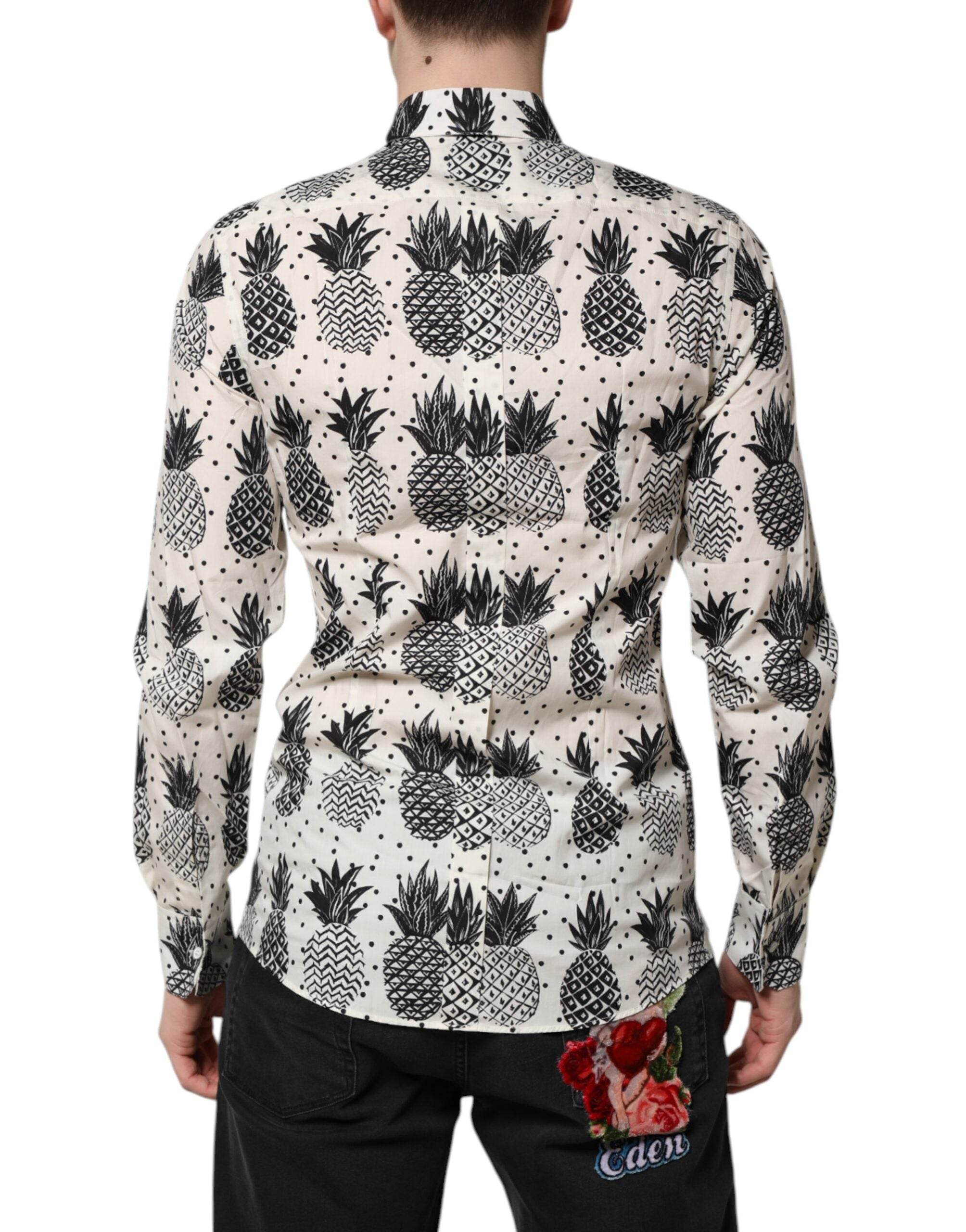 Dolce & Gabbana White Pineapple Print Long Sleeve GOLD Shirt - Hilstor