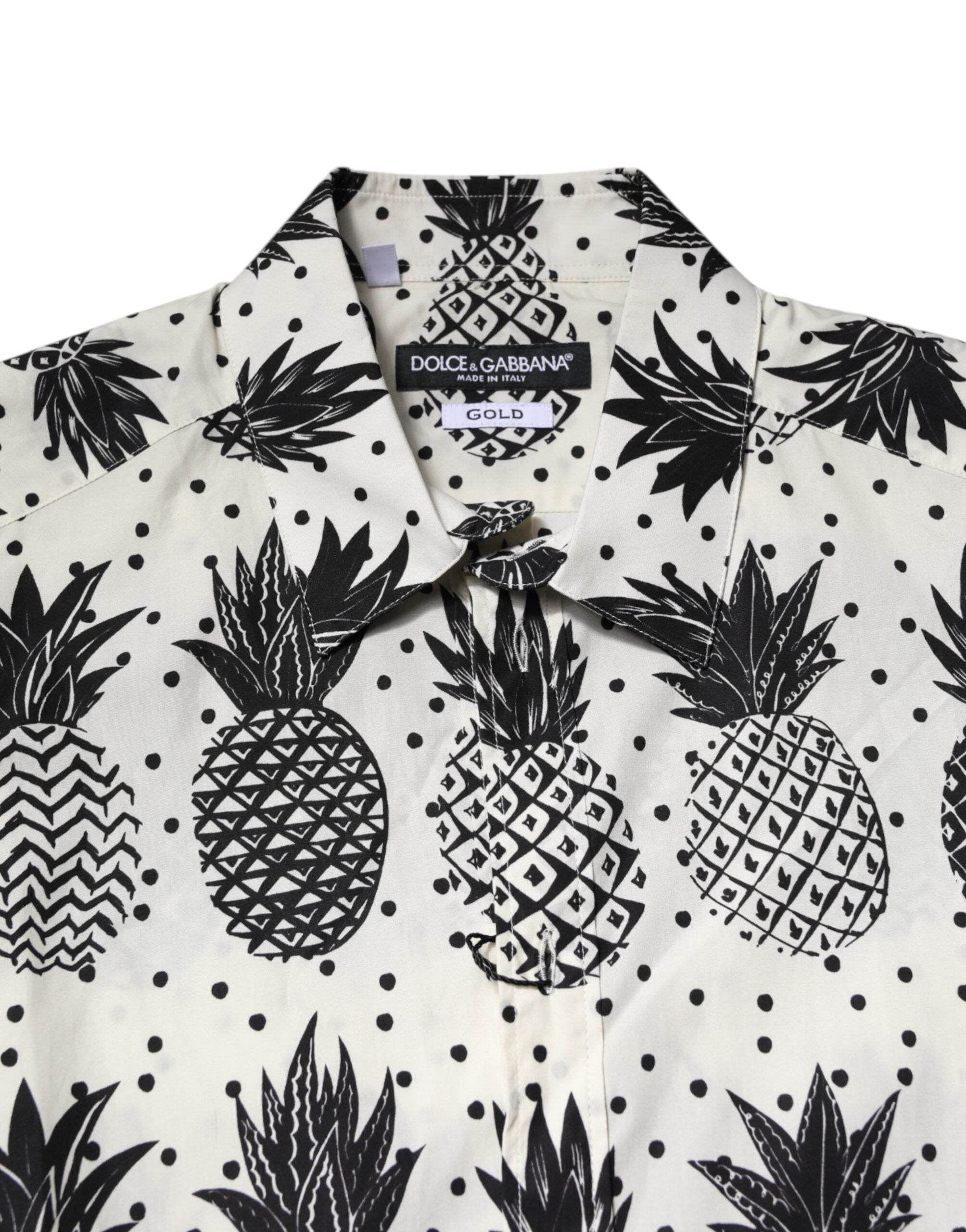 Dolce & Gabbana White Pineapple Print Long Sleeve GOLD Shirt - Hilstor