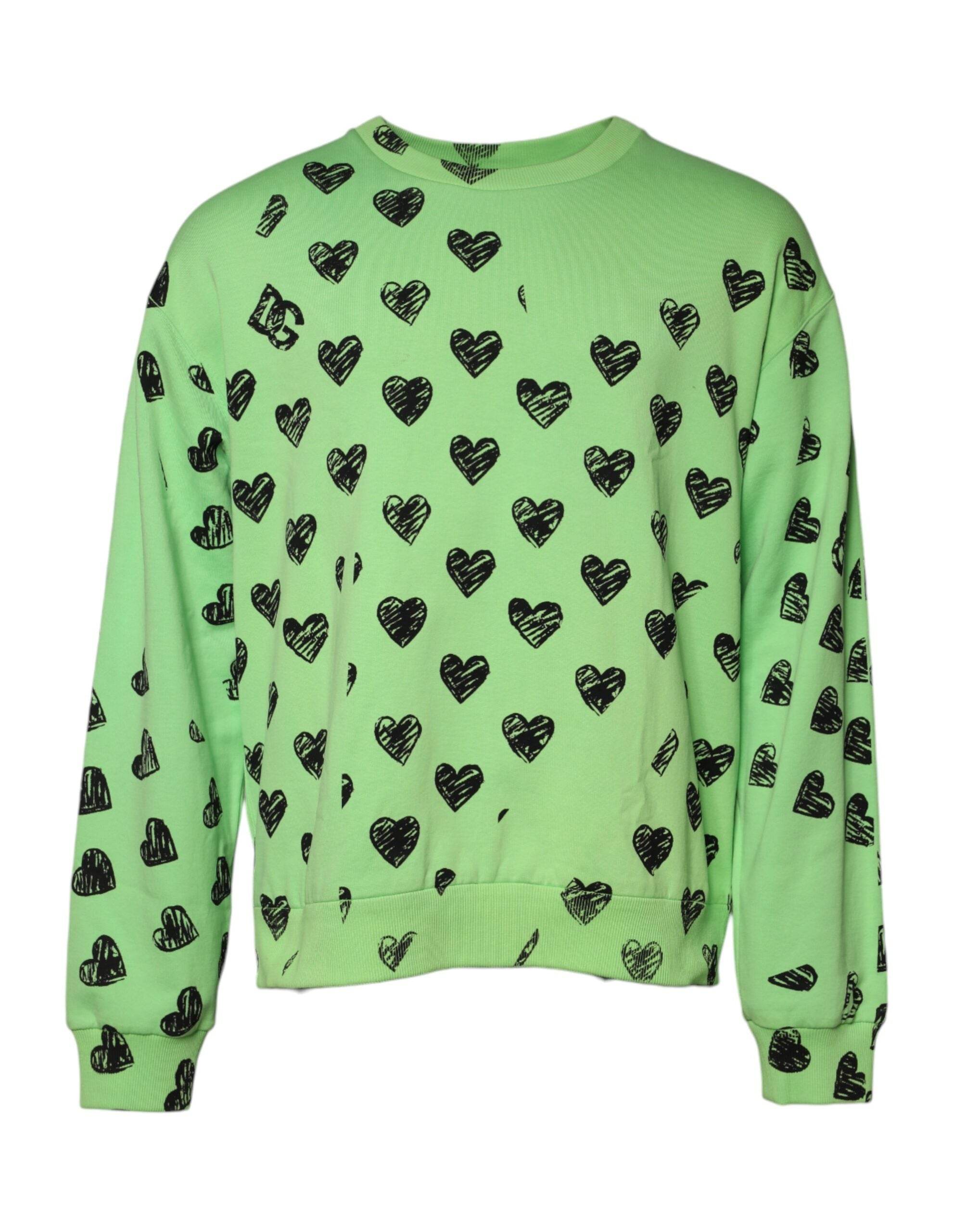 Dolce & Gabbana Green Heart Print Crew Neck Pullover Sweater - Hilstor