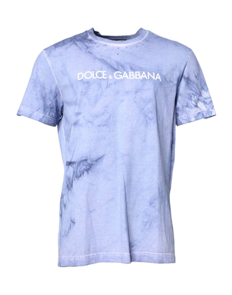 Dolce & Gabbana Blue Cotton Logo Print Crew Neck T-shirt - Hilstor