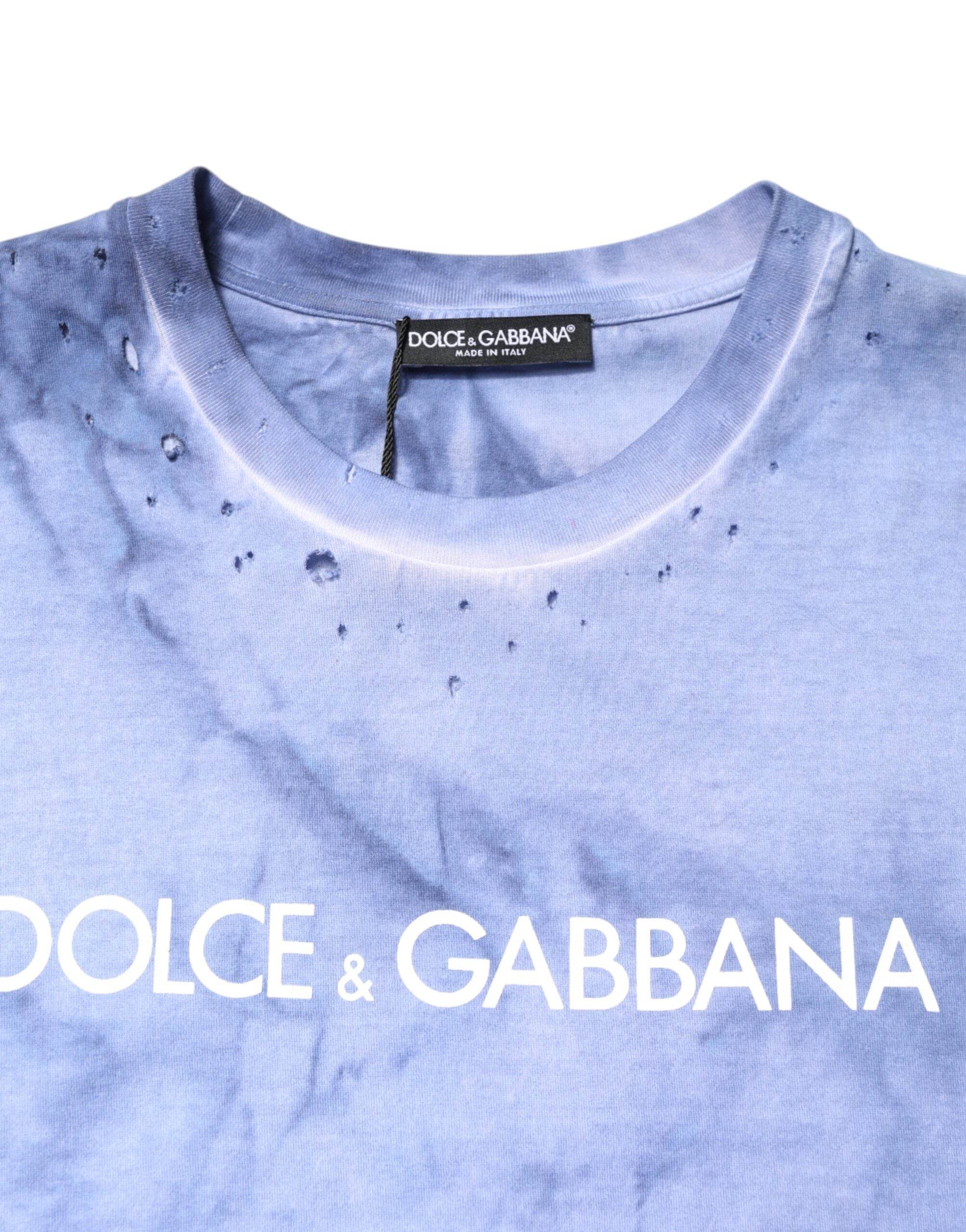 Dolce & Gabbana Blue Cotton Logo Print Crew Neck T-shirt - Hilstor