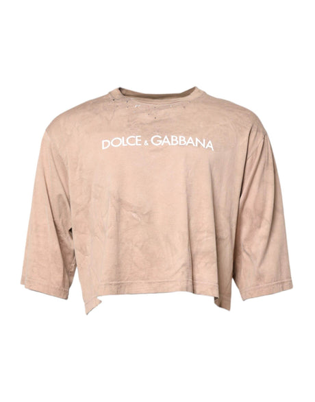 Dolce & Gabbana Beige Tie Dye Logo Print Cropped T-shirt - Hilstor