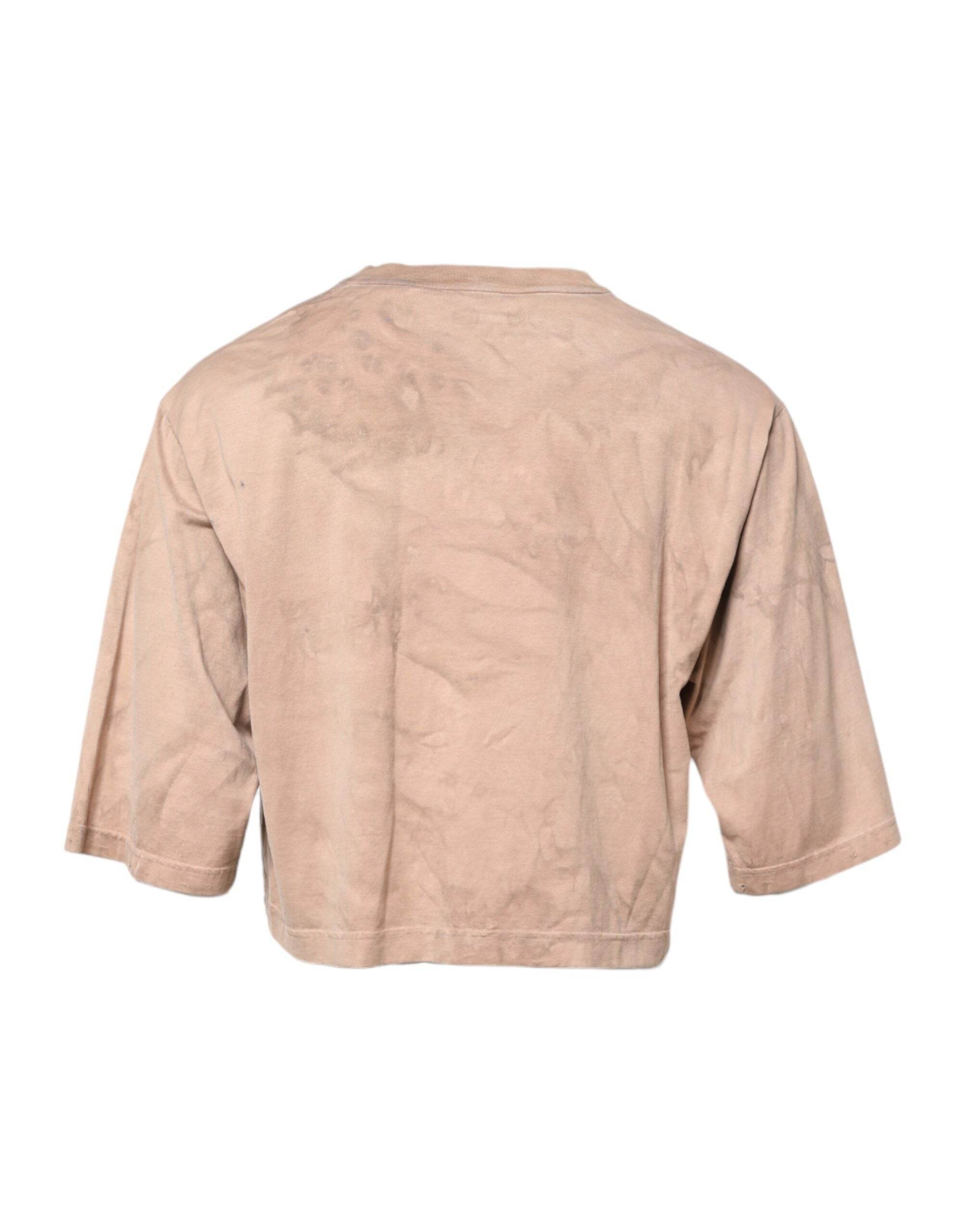Dolce & Gabbana Beige Tie Dye Logo Print Cropped T-shirt - Hilstor