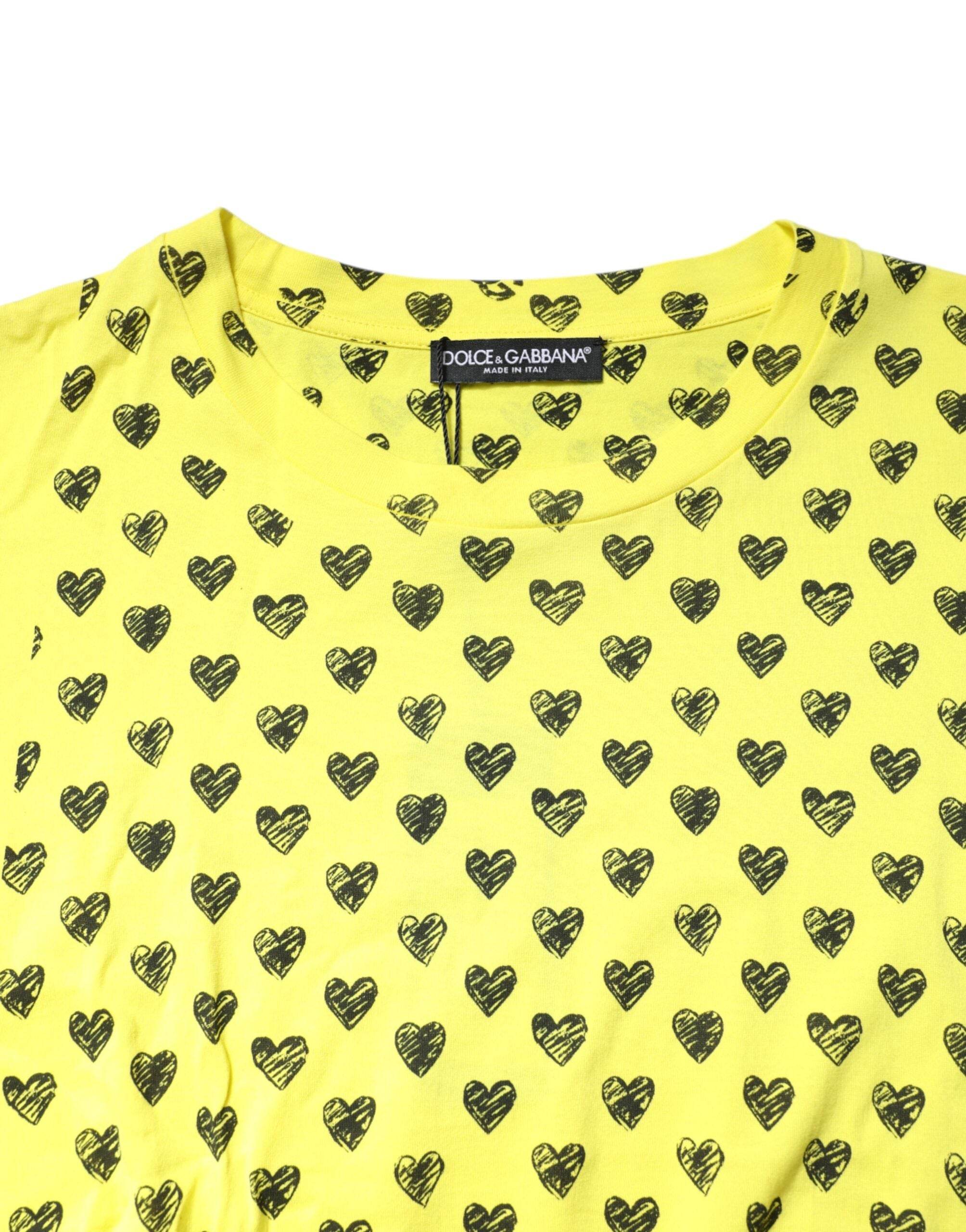 Dolce & Gabbana Yellow Cotton DG Heart Print Crew Neck T-shirt - Hilstor