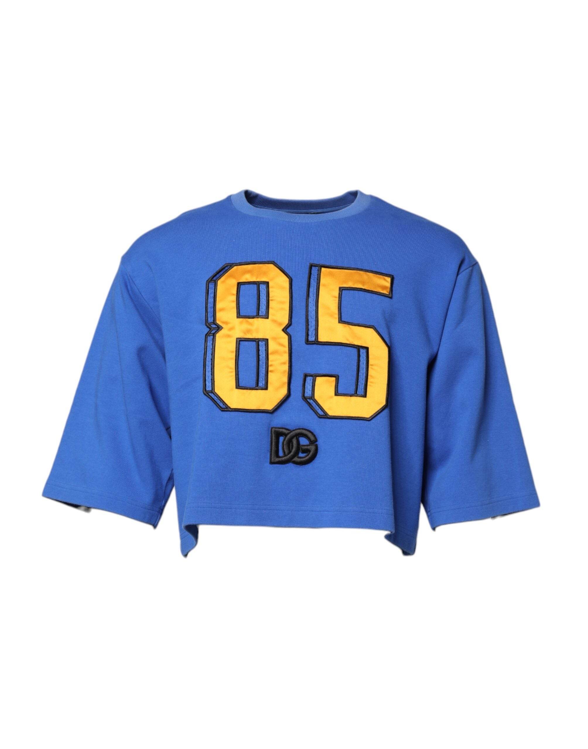 Dolce & Gabbana Blue Printed Cotton Cropped Crew Neck T-shirt - Hilstor