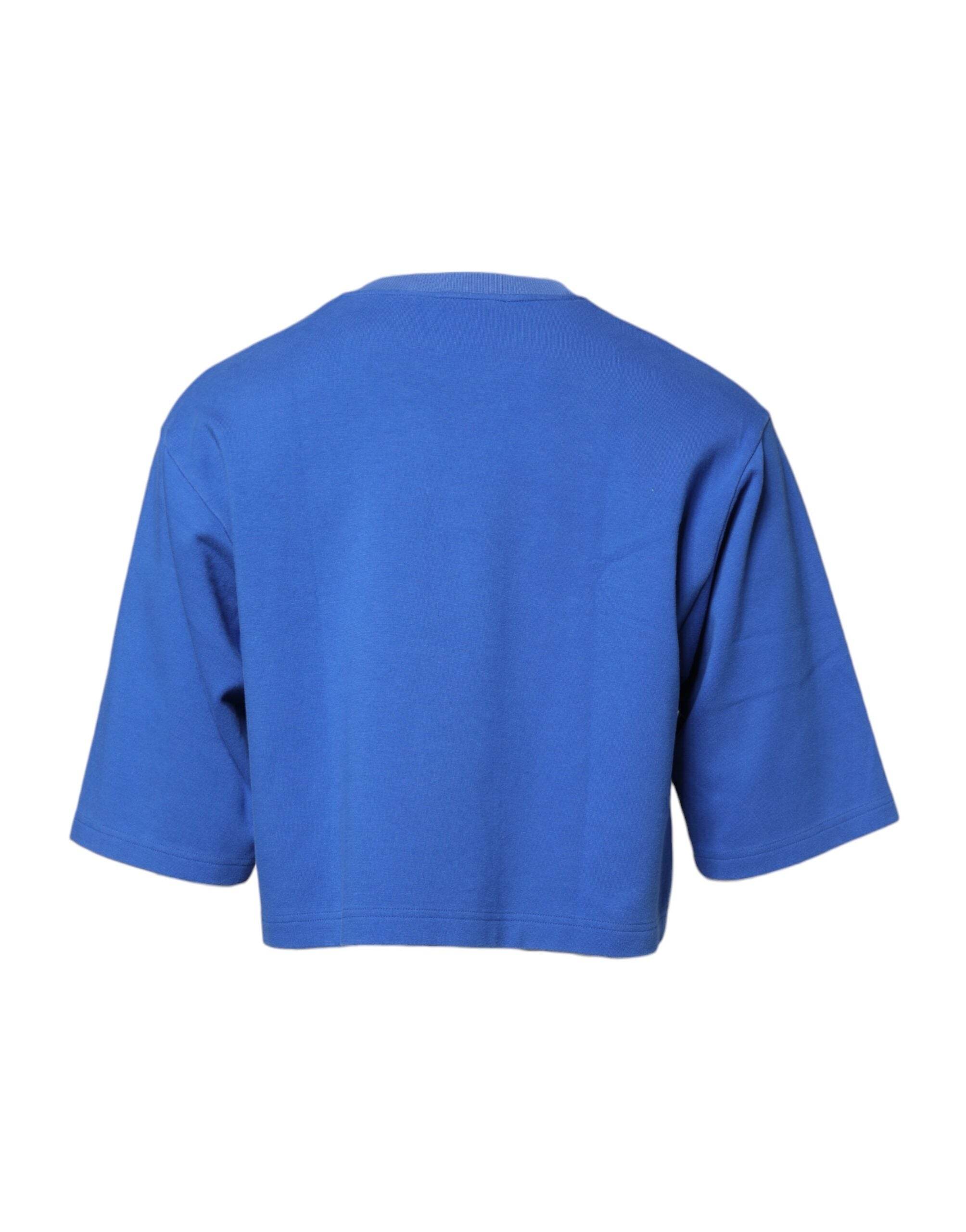 Dolce & Gabbana Blue Printed Cotton Cropped Crew Neck T-shirt - Hilstor