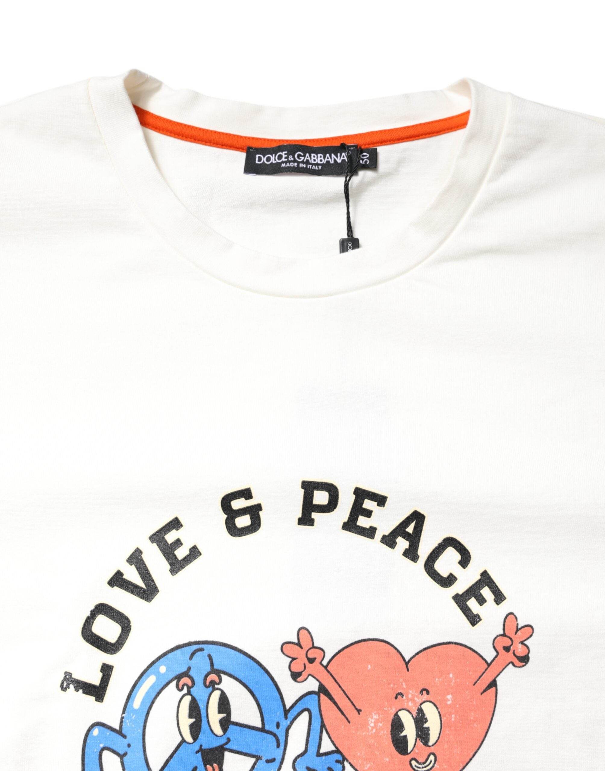 Dolce & Gabbana White LOVE & PEACE Print Crew Neck T-shirt - Hilstor