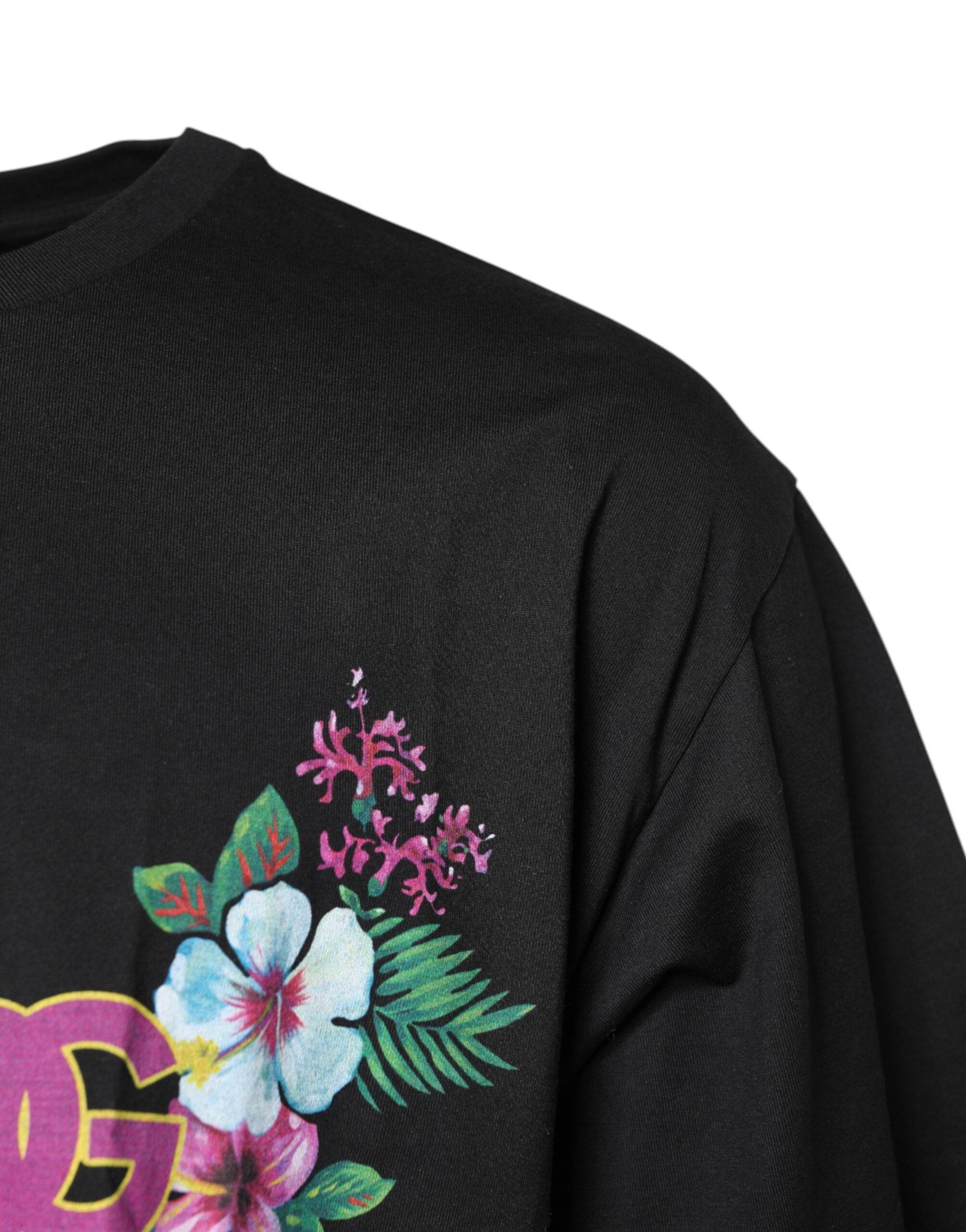 Dolce & Gabbana Black DG Floral Print Crew Neck T-shirt - Hilstor