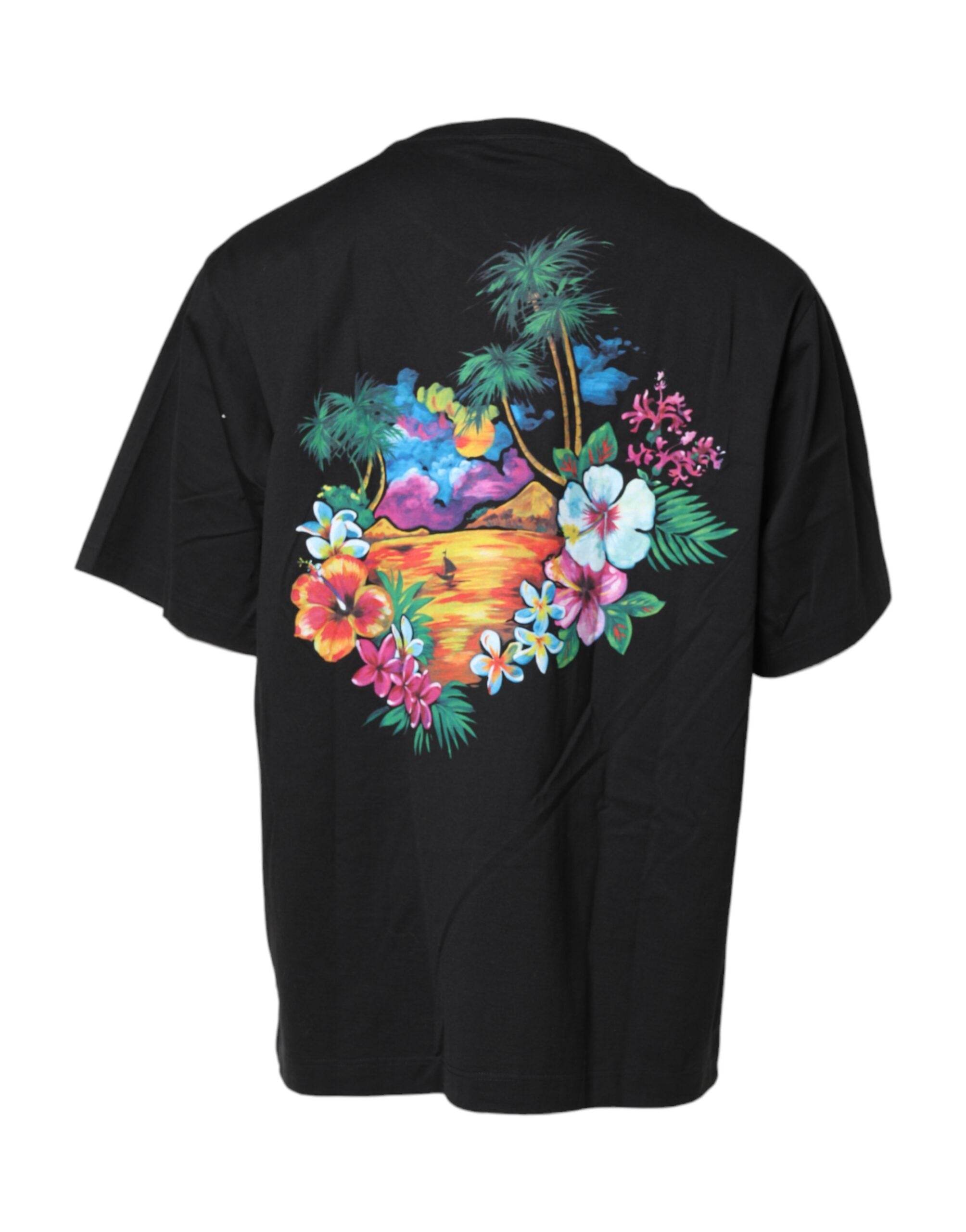 Dolce & Gabbana Black DG Floral Print Crew Neck T-shirt - Hilstor