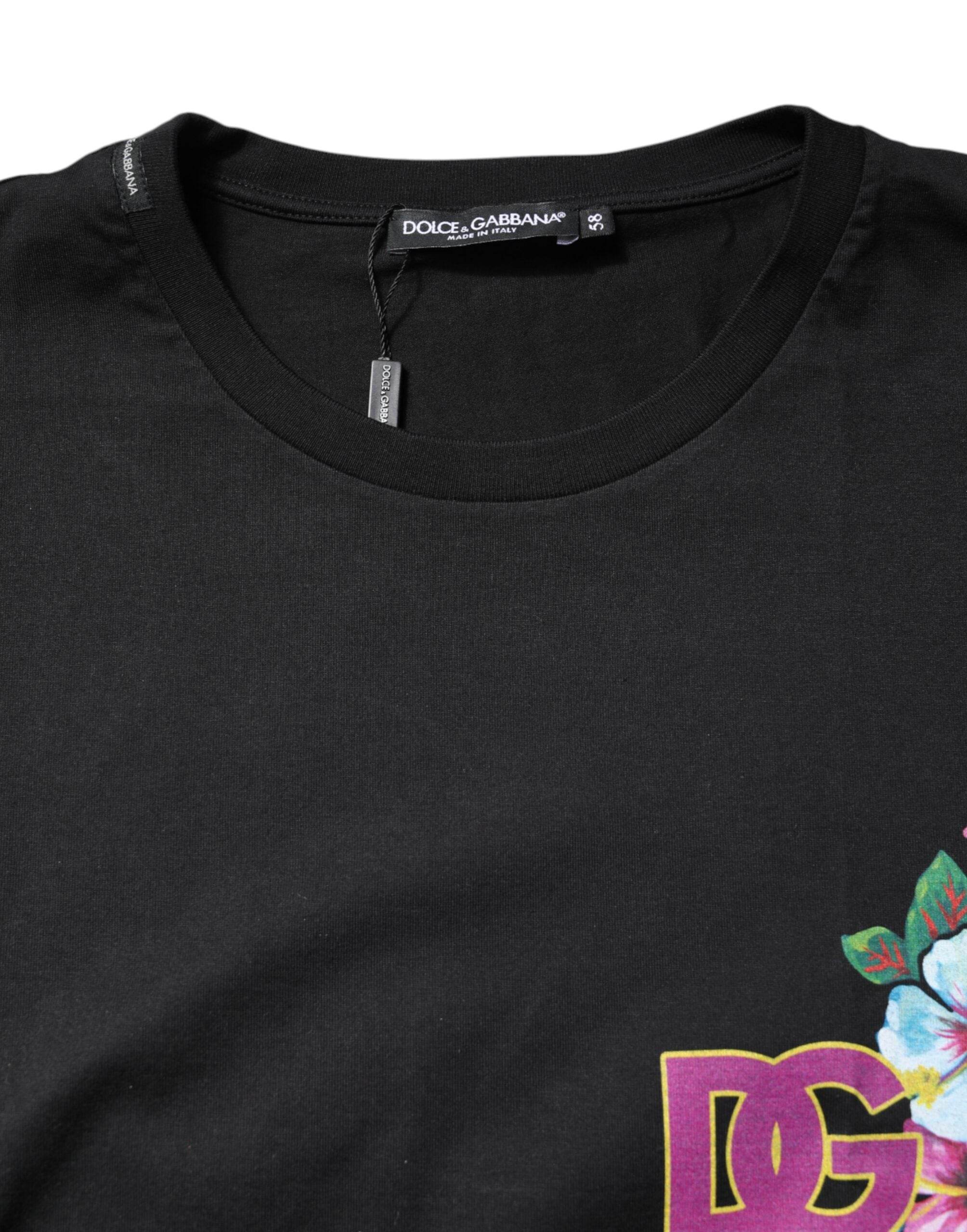 Dolce & Gabbana Black DG Floral Print Crew Neck T-shirt - Hilstor