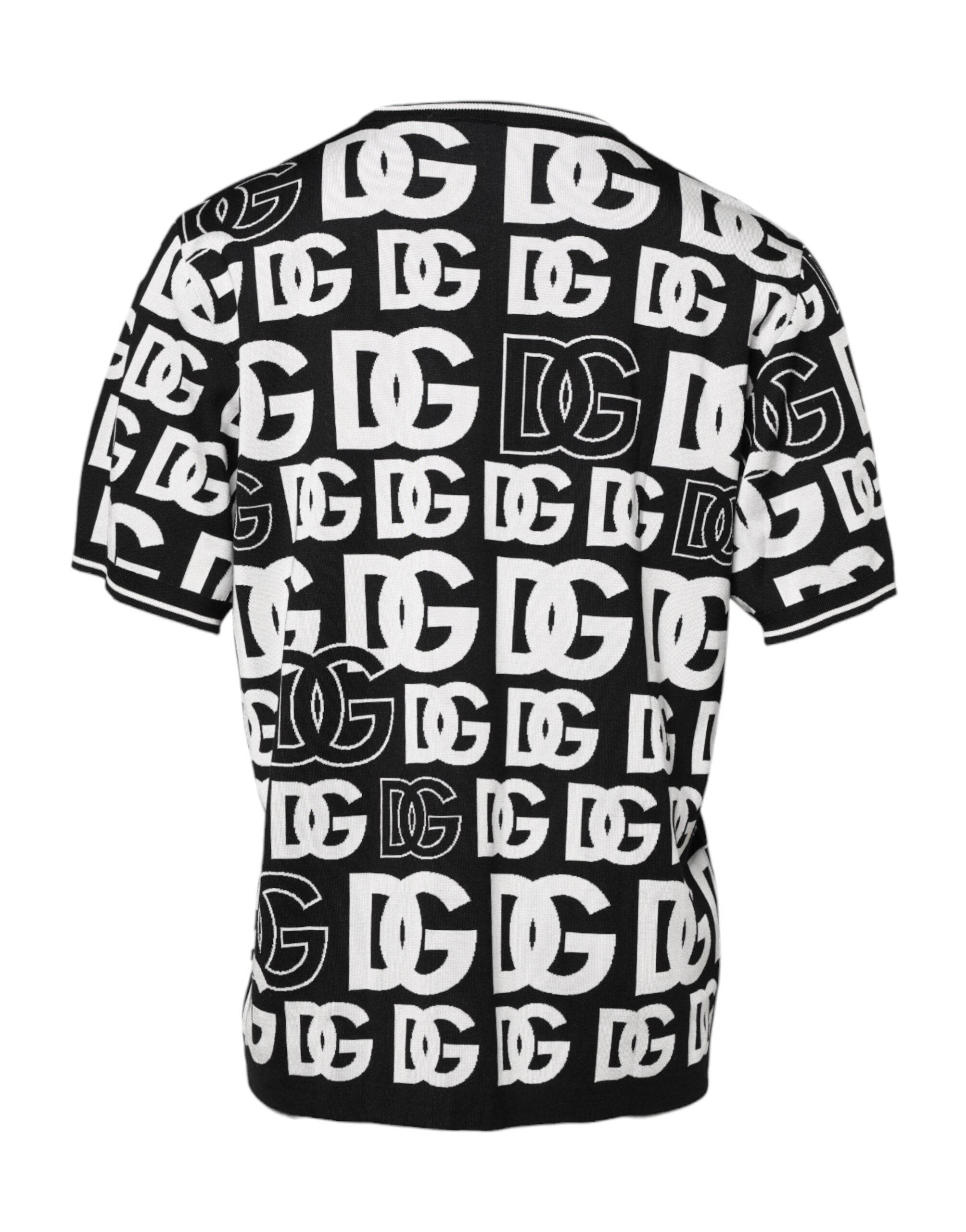 Dolce & Gabbana Black White Silk Knit DG Print T-shirt - Hilstor