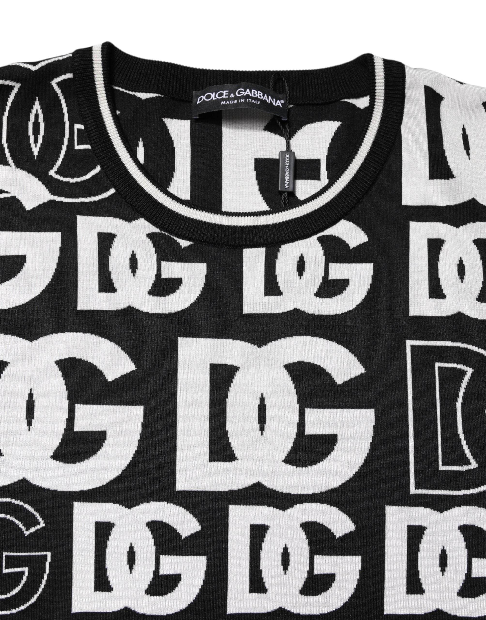 Dolce & Gabbana Black White Silk Knit DG Print T-shirt - Hilstor