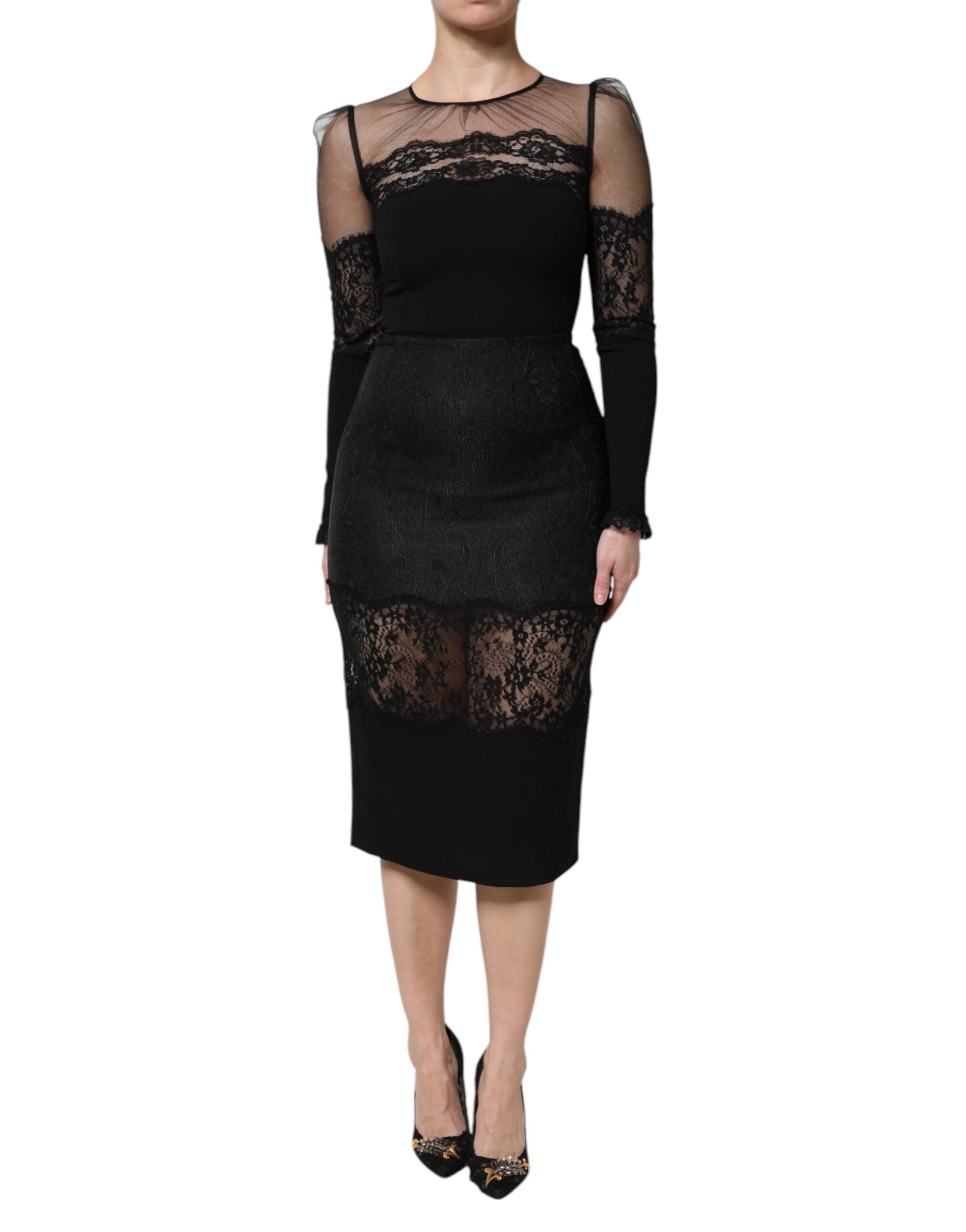 Dolce &amp; Gabbana Sort Midikjole med Blondekant og Nylon i Tyl