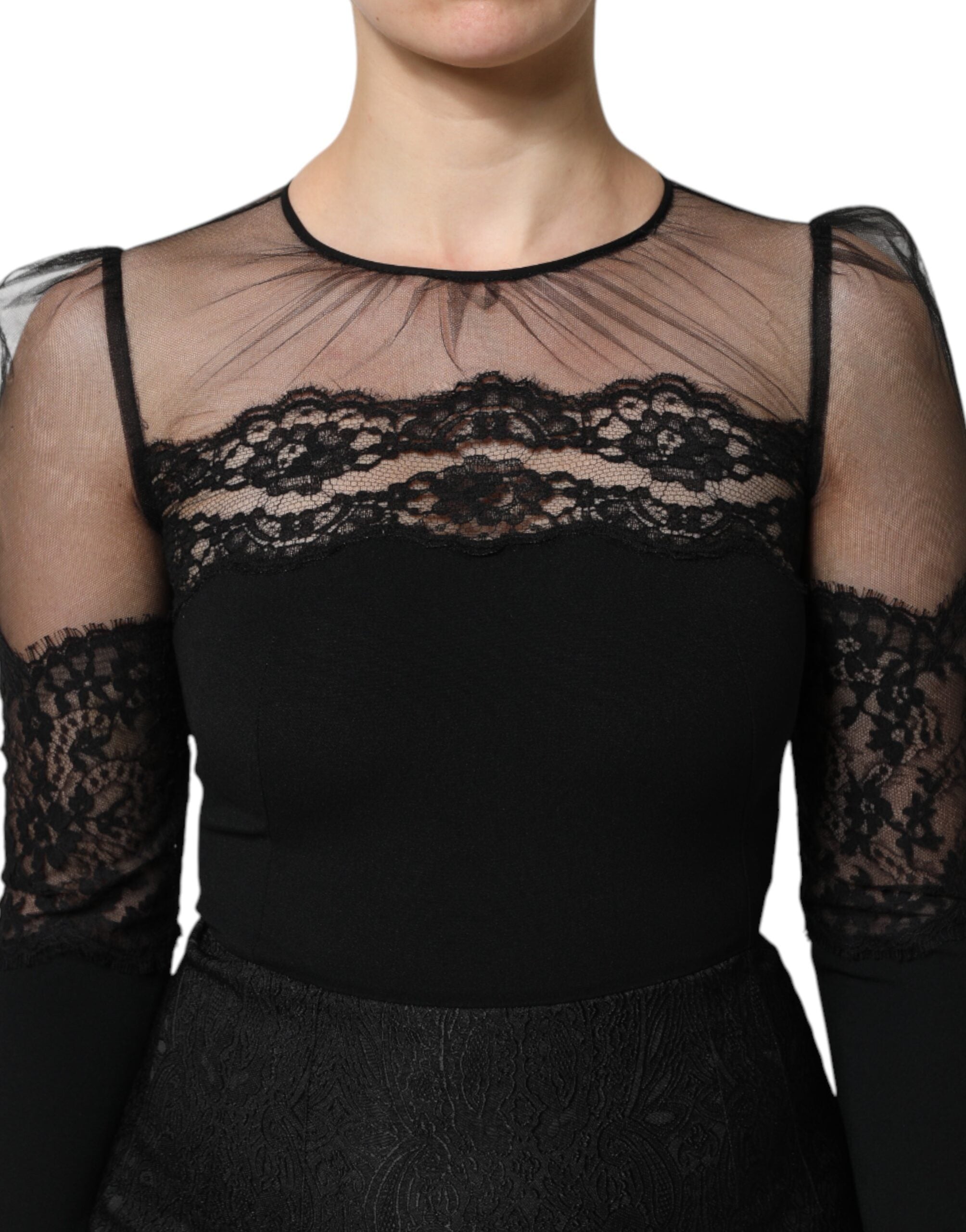 Dolce &amp; Gabbana Sort Midikjole med Blondekant og Nylon i Tyl