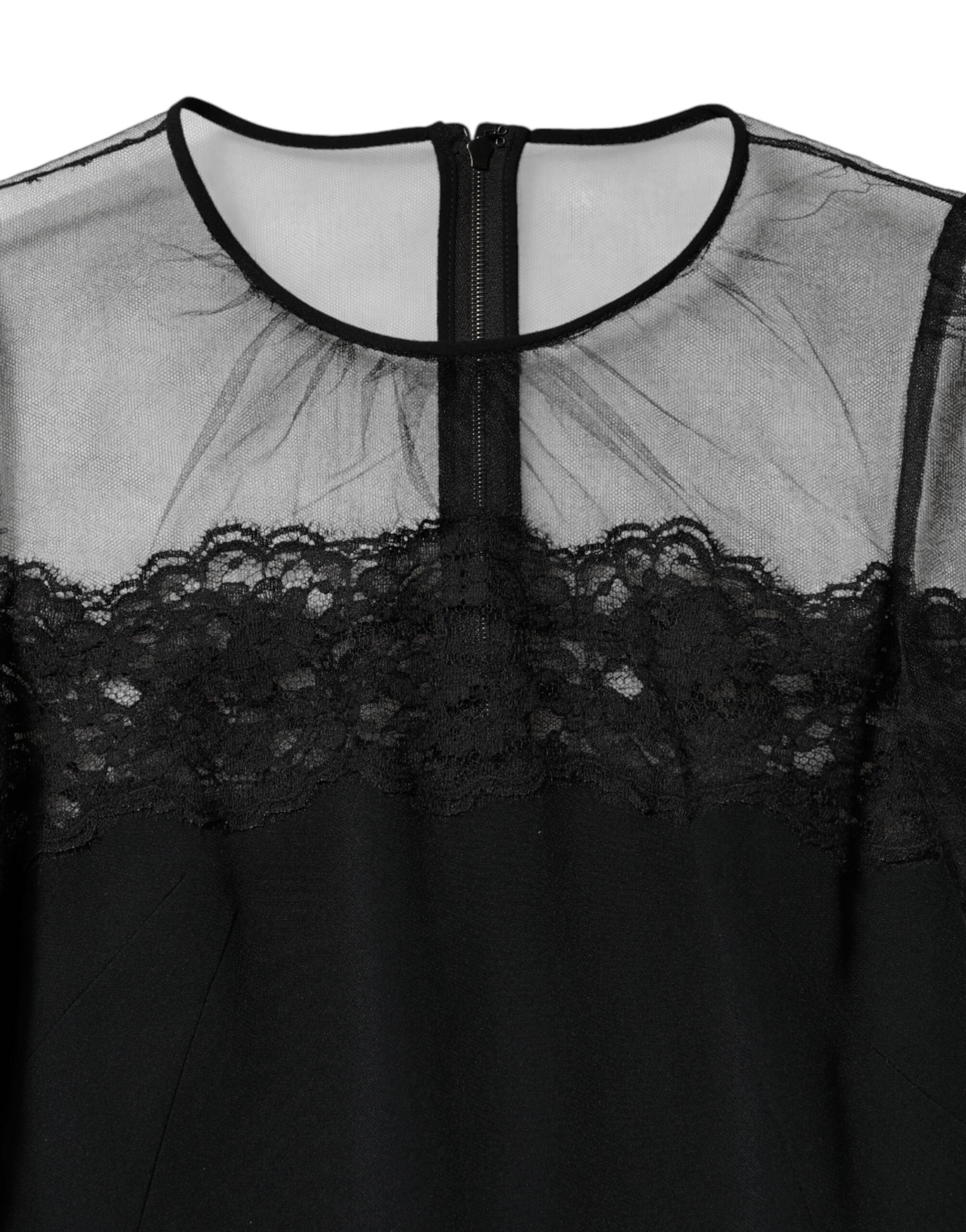 Dolce &amp; Gabbana Sort Midikjole med Blondekant og Nylon i Tyl