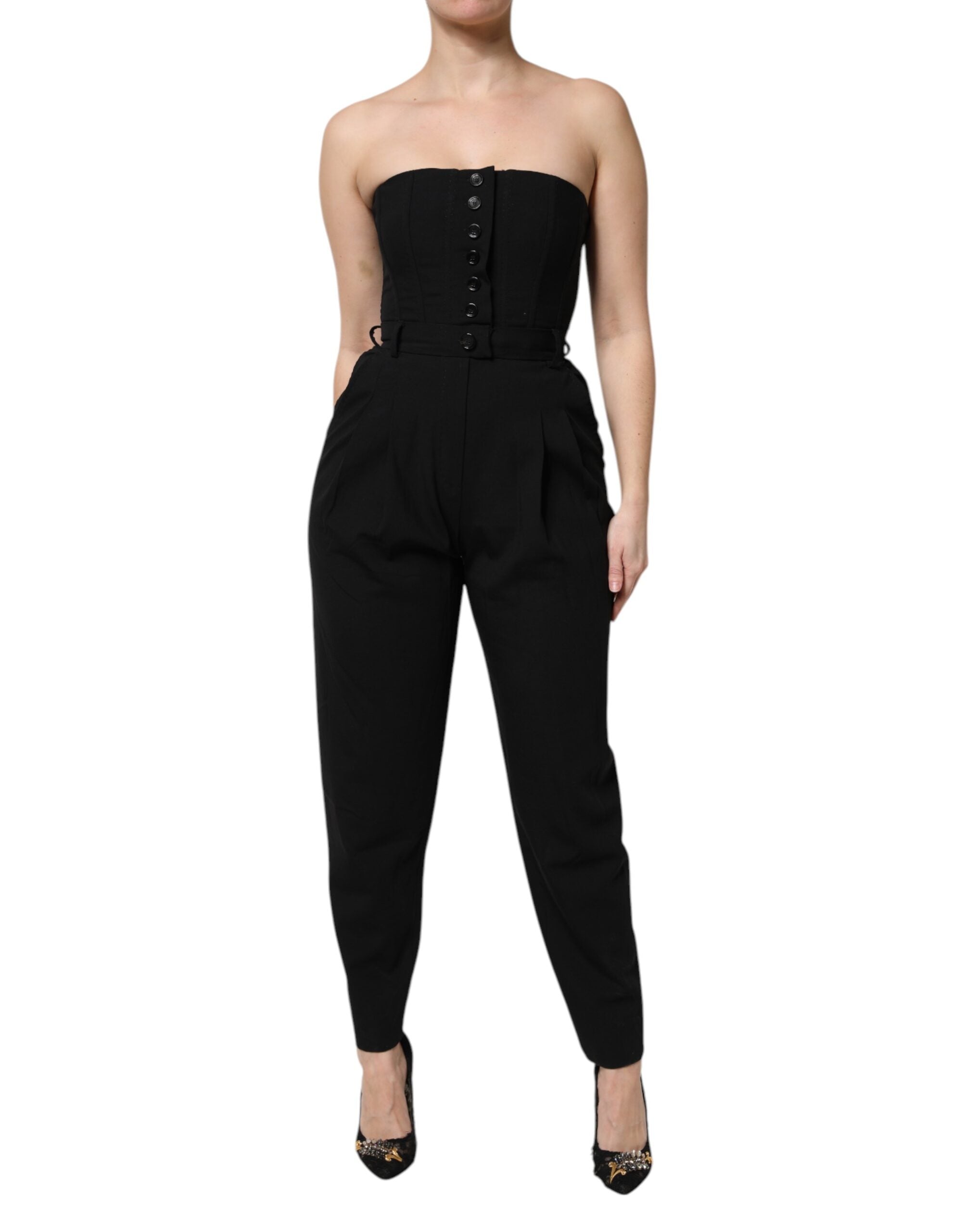 Dolce &amp; Gabbana Sort Uld Stropløs Romper Jumpsuit Kjole