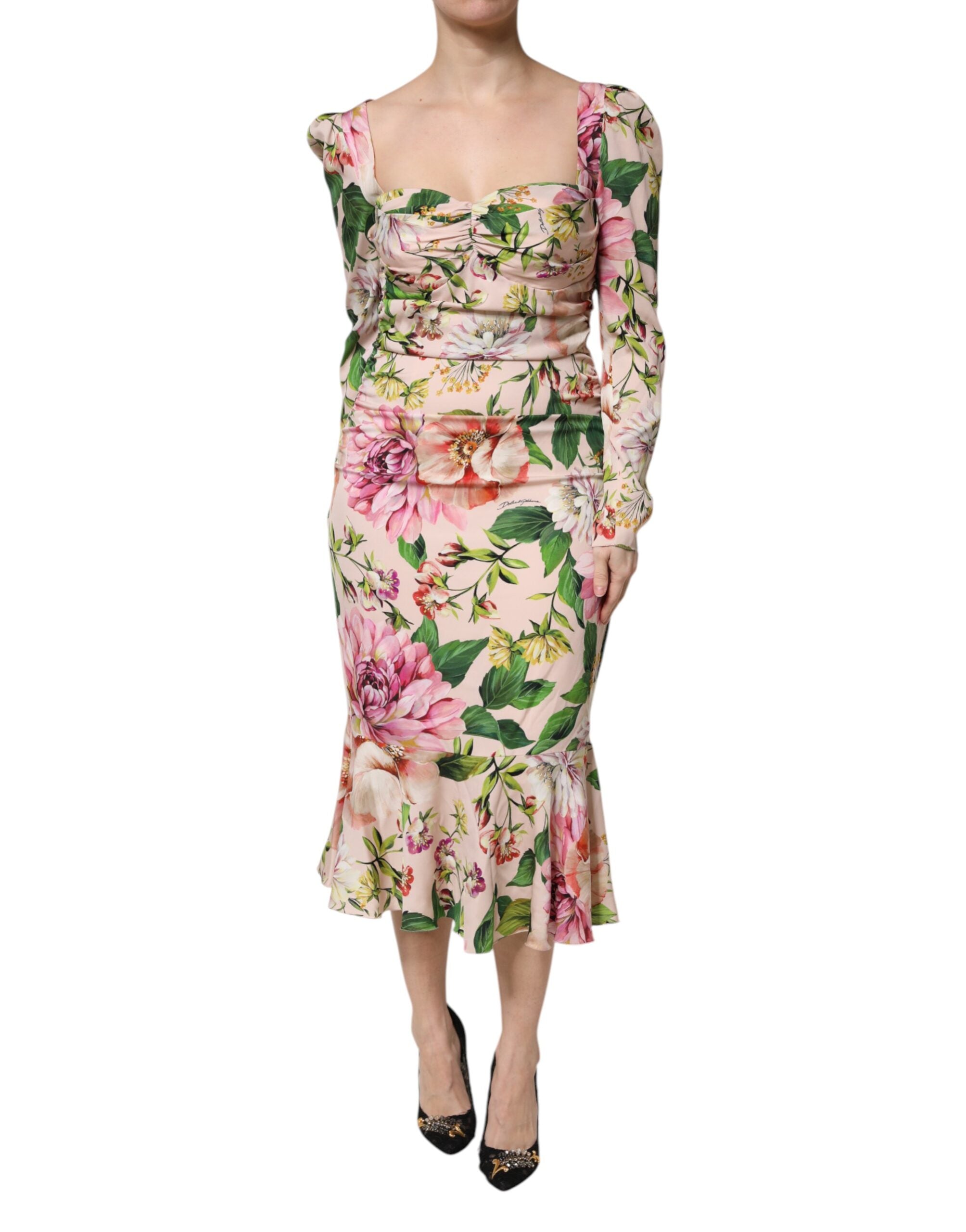 Dolce &amp; Gabbana Lyserød Blomster Silke Fit &amp; Flared Midikjole