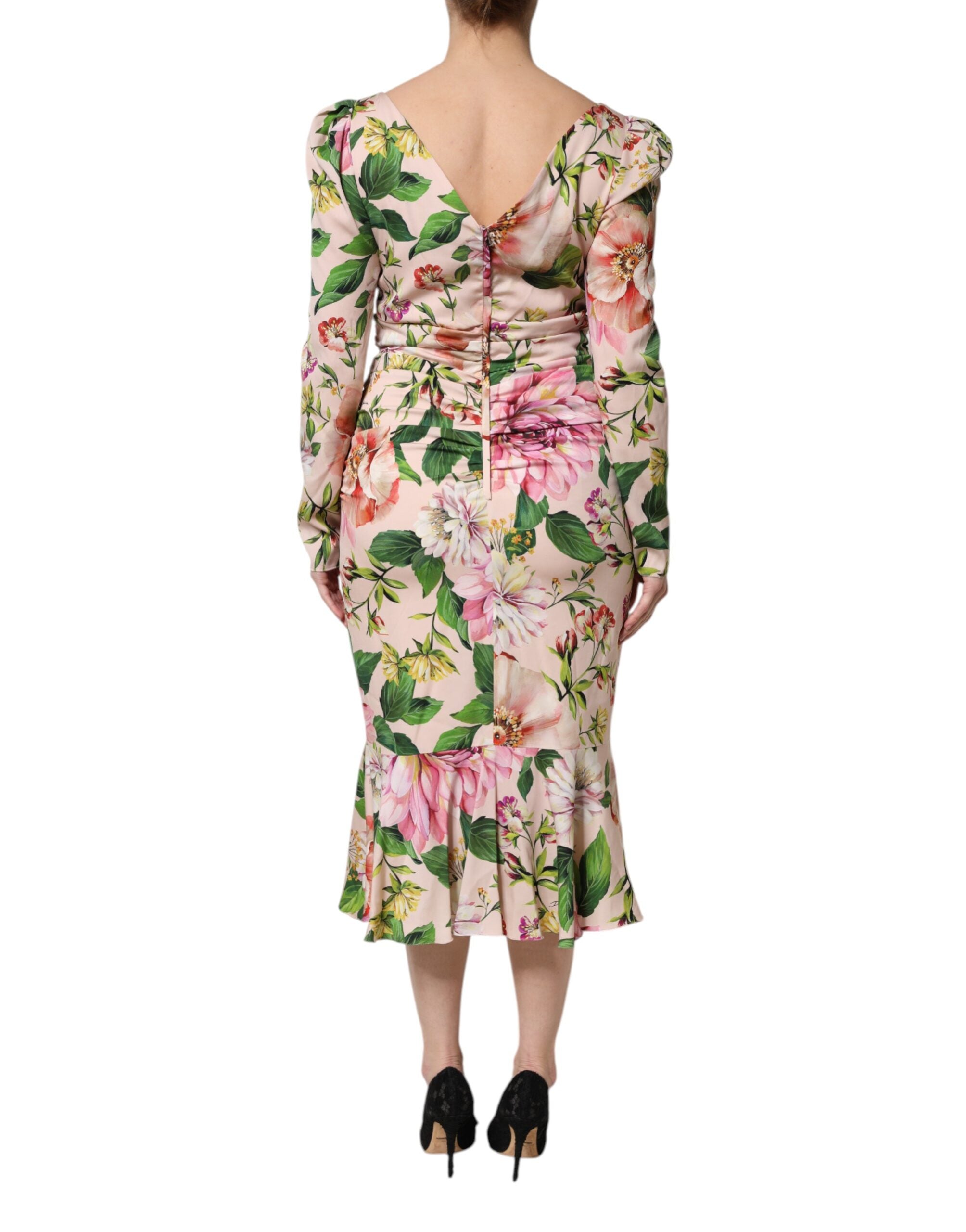 Dolce &amp; Gabbana Lyserød Blomster Silke Fit &amp; Flared Midikjole