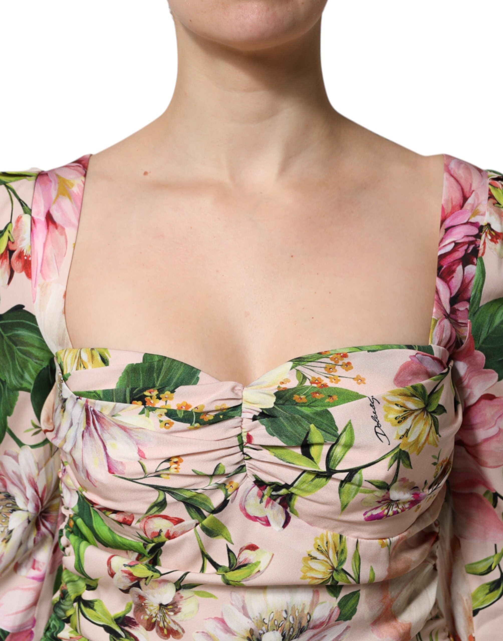 Dolce &amp; Gabbana Lyserød Blomster Silke Fit &amp; Flared Midikjole