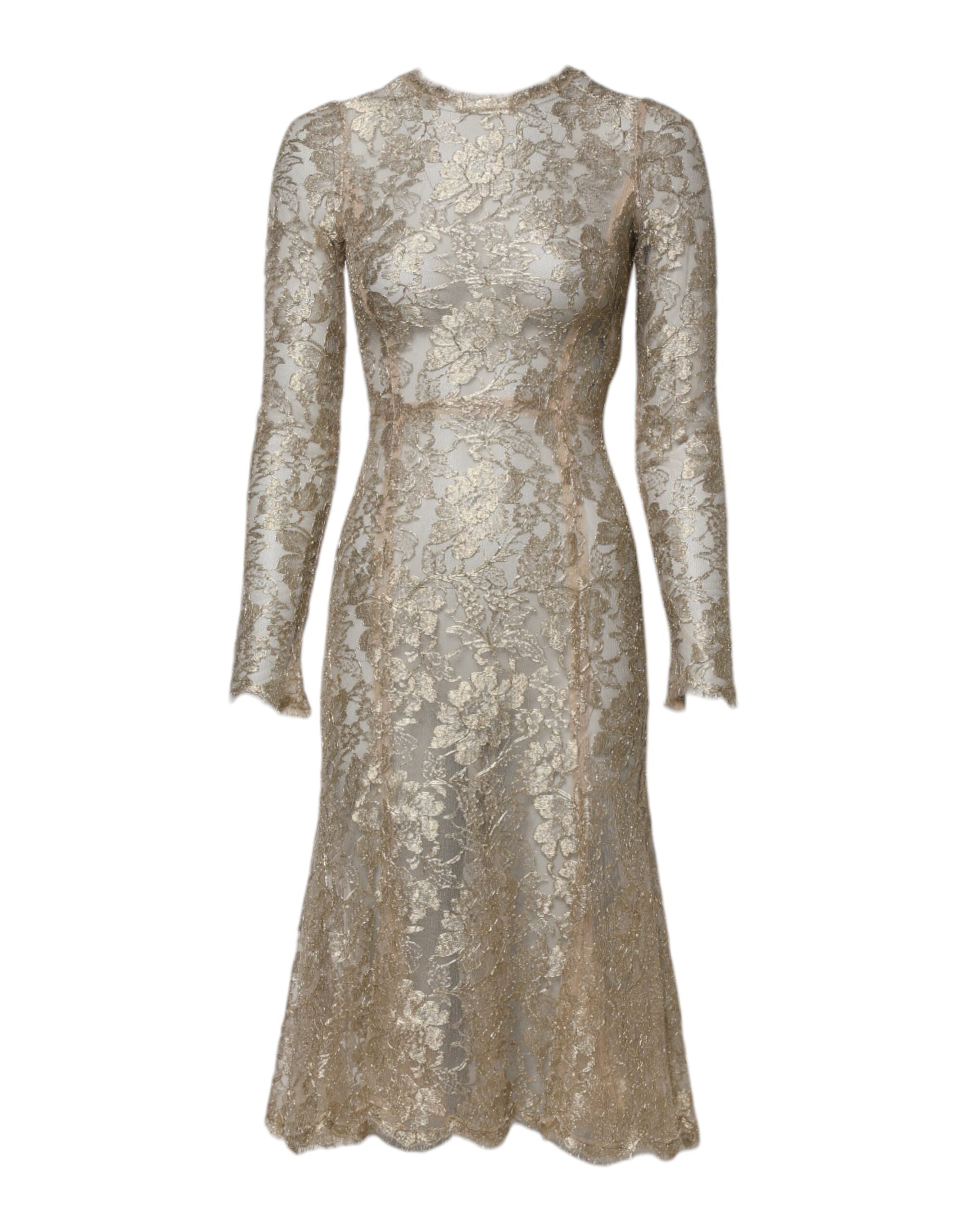Dolce &amp; Gabbana Guld Blomster Blonde Langærmet Fit &amp; Flare Kjole