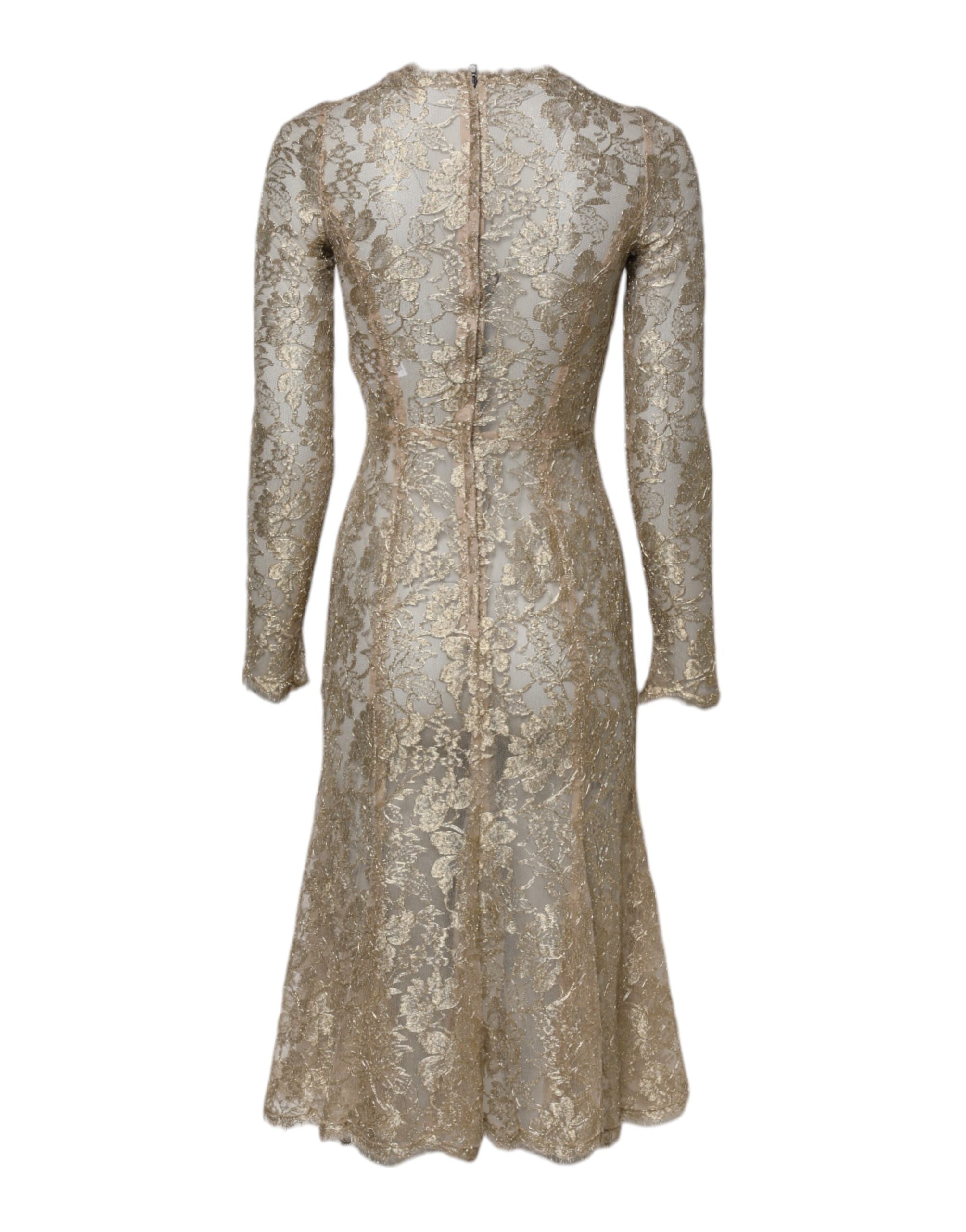 Dolce &amp; Gabbana Guld Blomster Blonde Langærmet Fit &amp; Flare Kjole