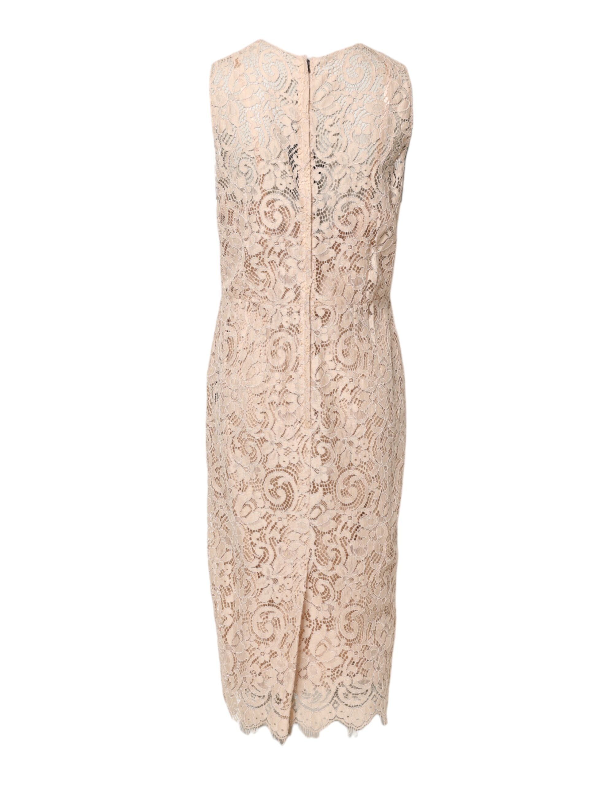 Dolce &amp; Gabbana Beige Blomsterkjole med Blonde Ærmeløs Skede
