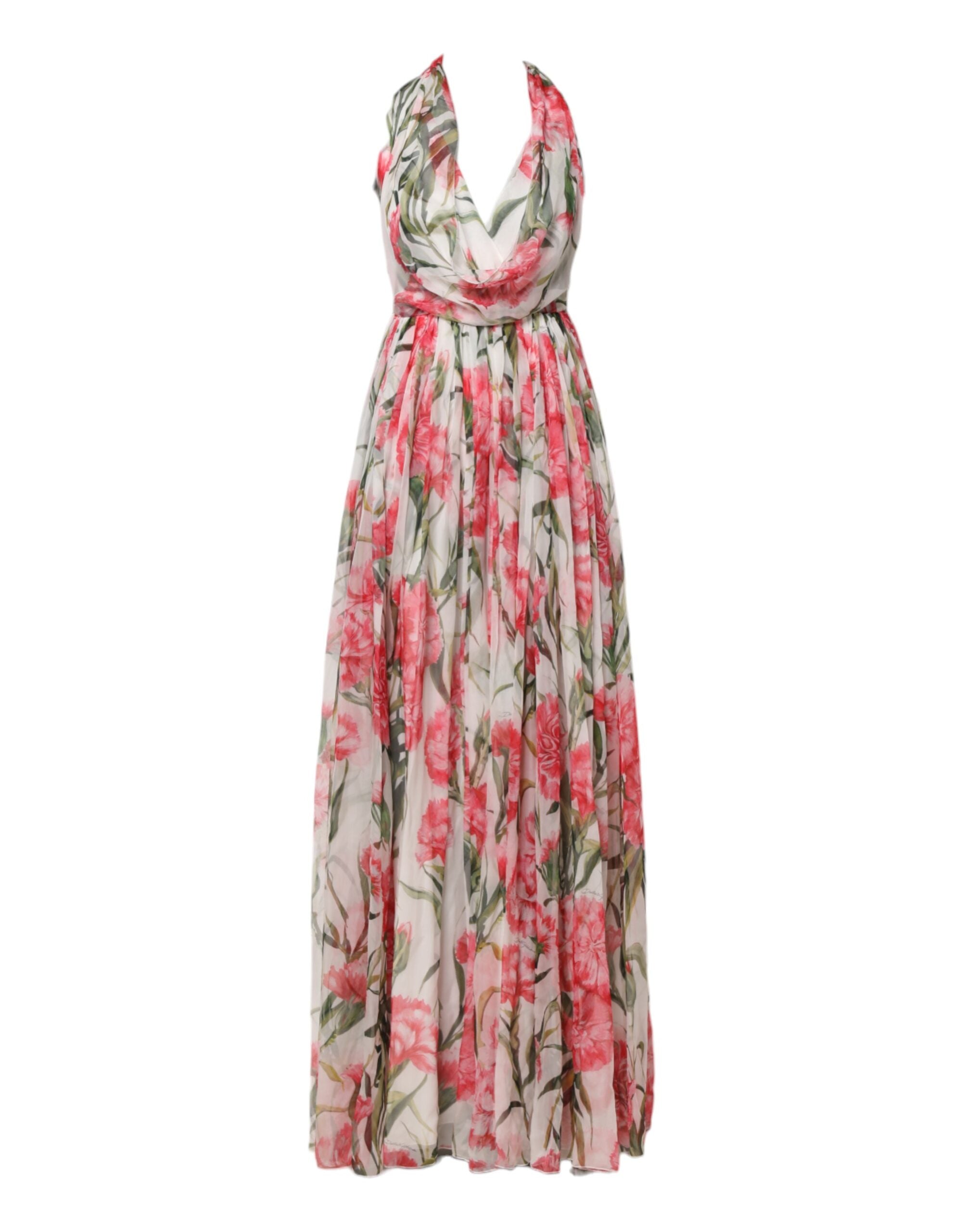 Dolce &amp; Gabbana Hvid Blomstersilke Halter A-formet Maxikjole