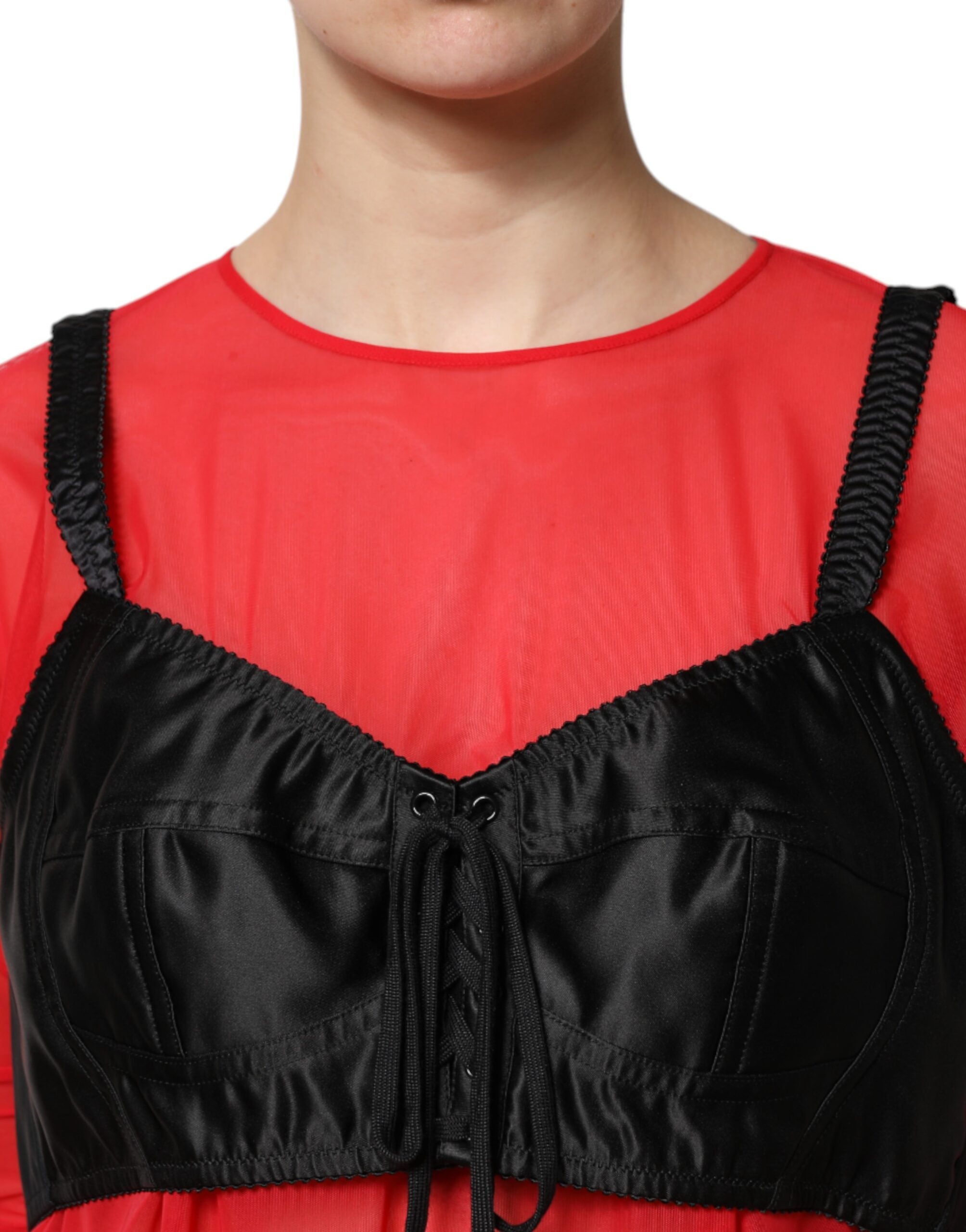 Dolce &amp; Gabbana Rød Sort Bustier Detaljeret Top Med Lange Ærmer