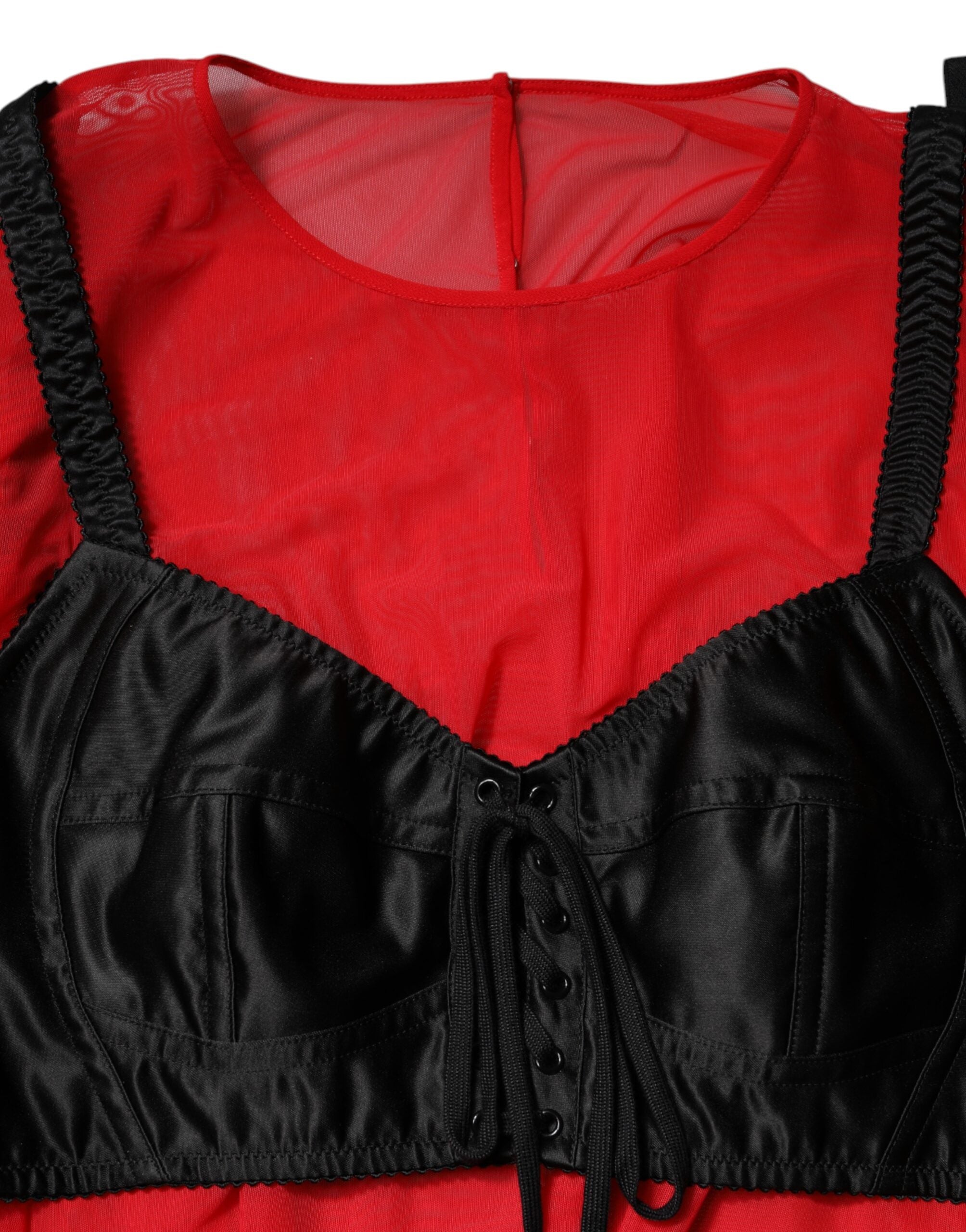 Dolce &amp; Gabbana Rød Sort Bustier Detaljeret Top Med Lange Ærmer