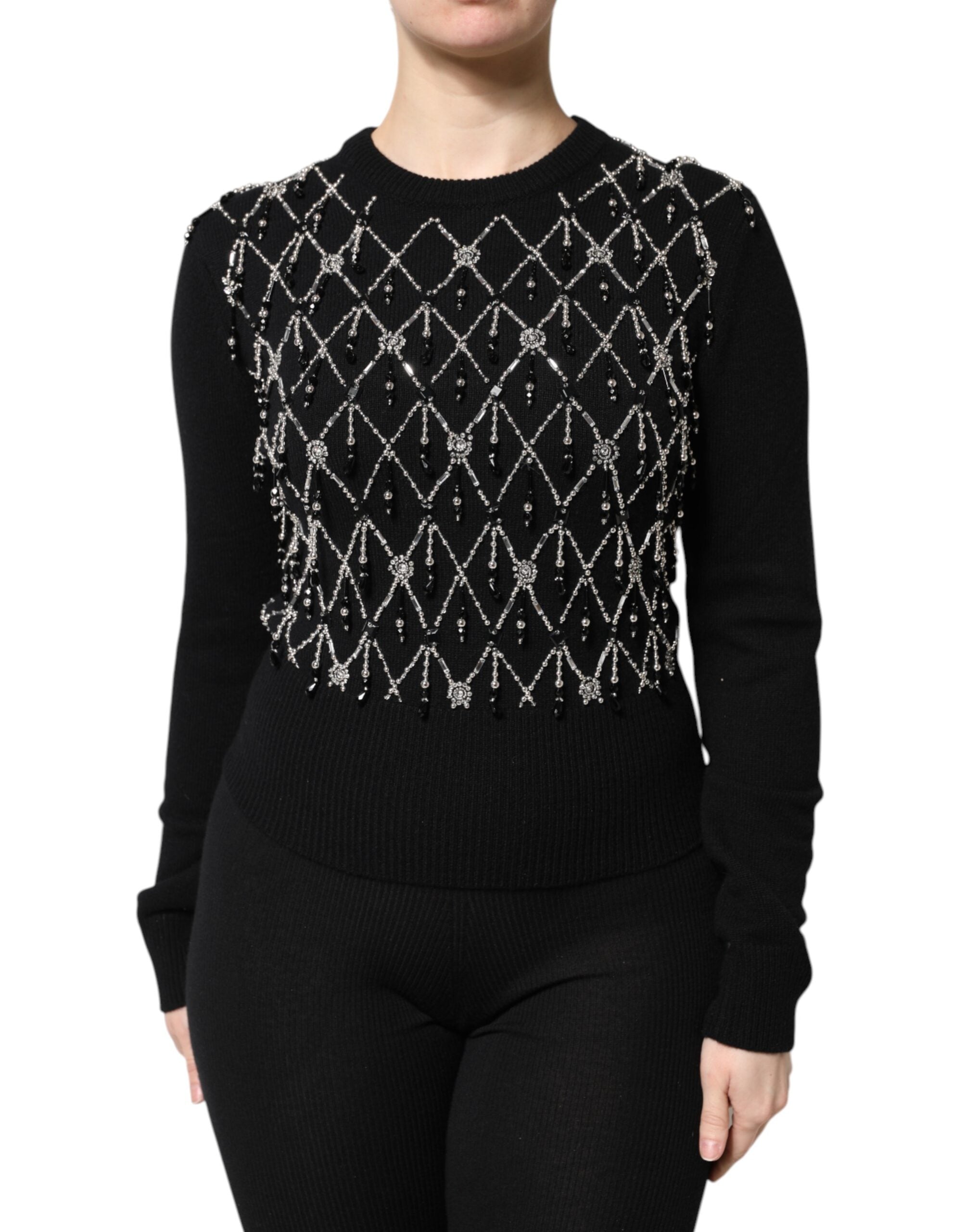 Dolce &amp; Gabbana Sort Cashmere Udsmykket Top Med Lange Ærmer