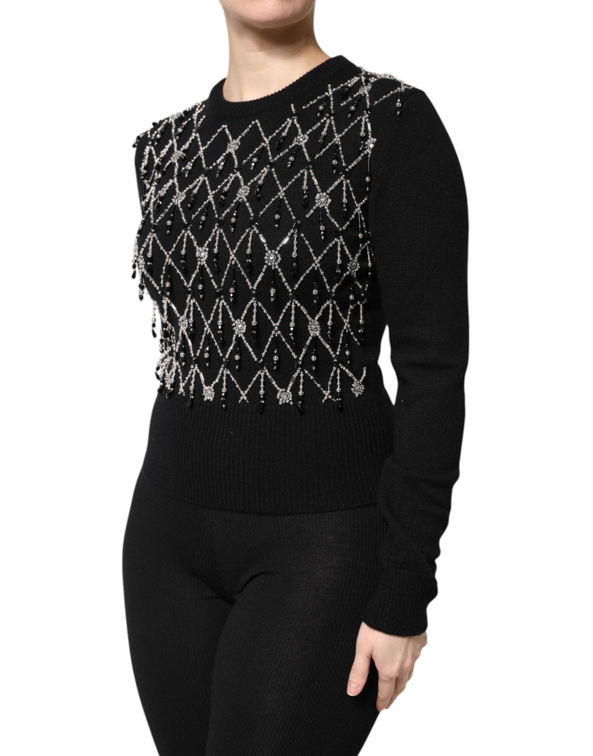 Dolce &amp; Gabbana Sort Cashmere Udsmykket Top Med Lange Ærmer