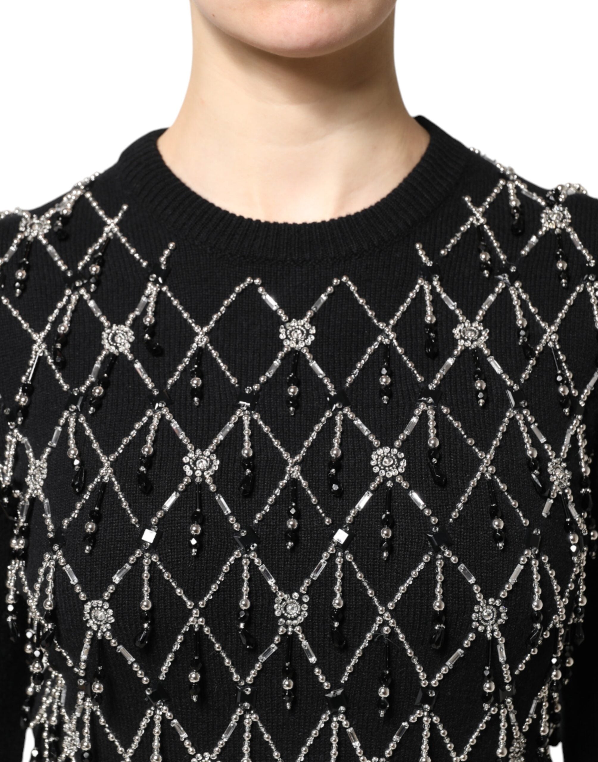 Dolce &amp; Gabbana Sort Cashmere Udsmykket Top Med Lange Ærmer