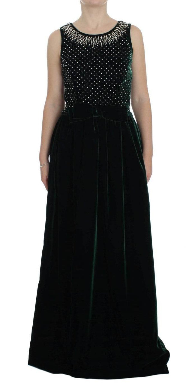Dolce & Gabbana Enchanted Emerald Velvet Crystal Maxi Dress - Hilstor