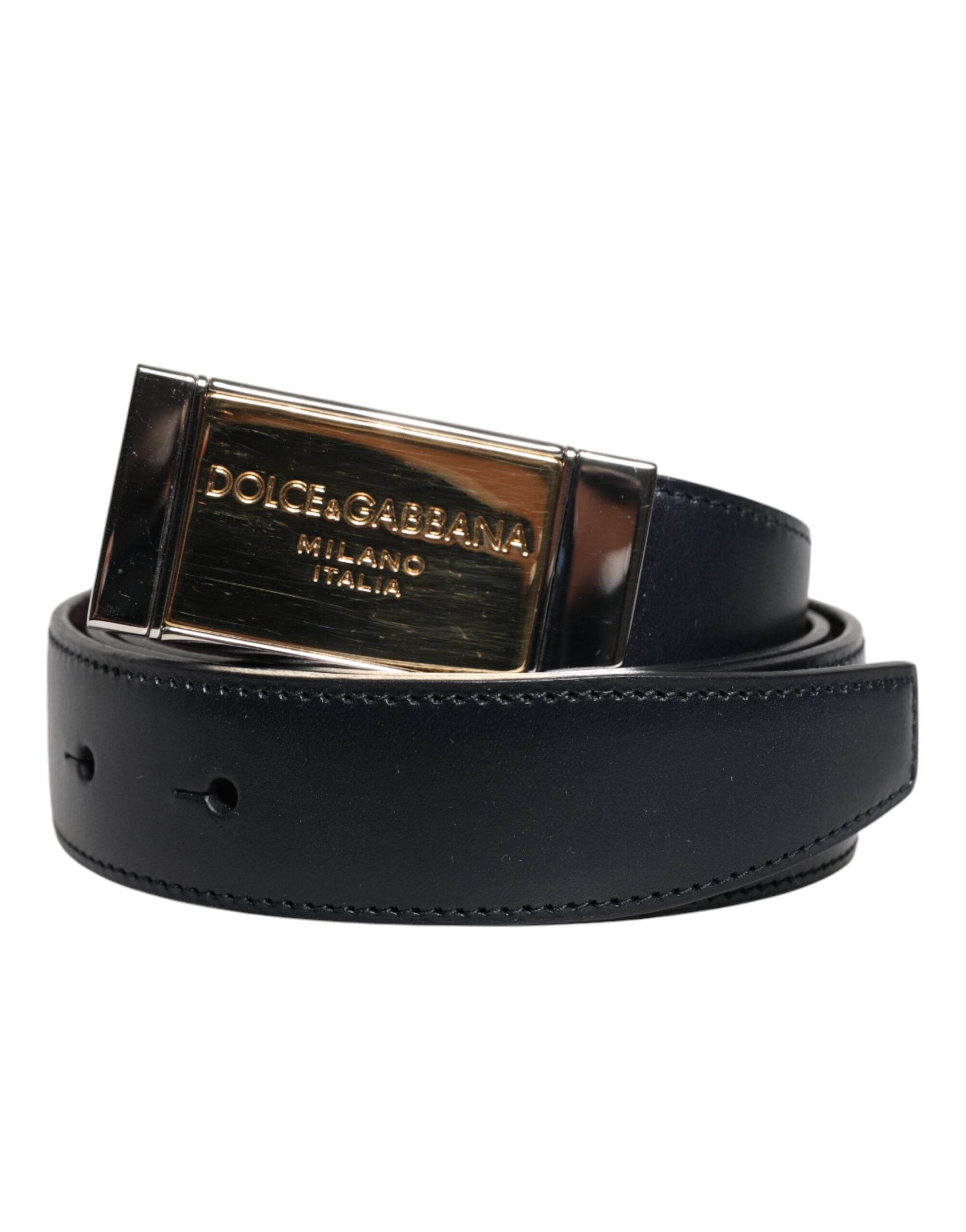 Dolce & Gabbana Black Blue Leather Gold Buckle Reversible Belt - Hilstor