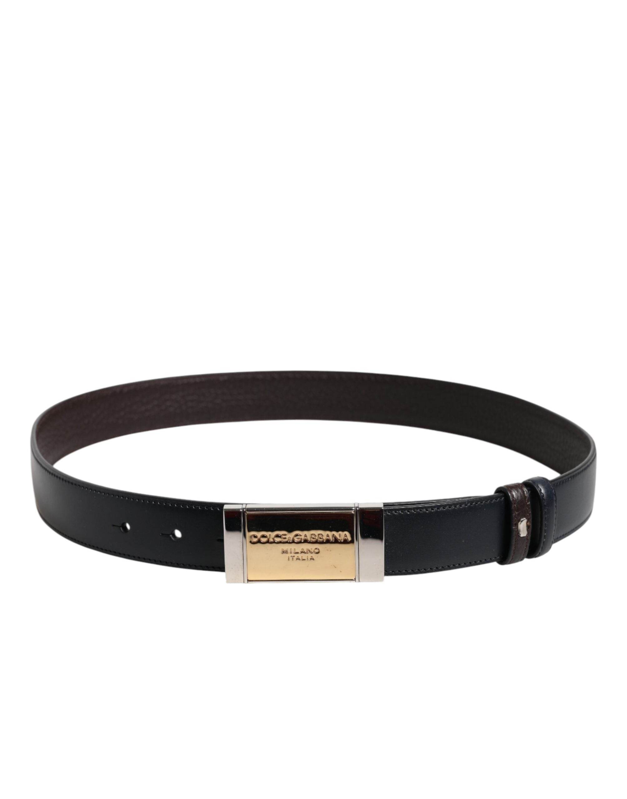 Dolce & Gabbana Black Blue Leather Gold Buckle Reversible Belt - Hilstor