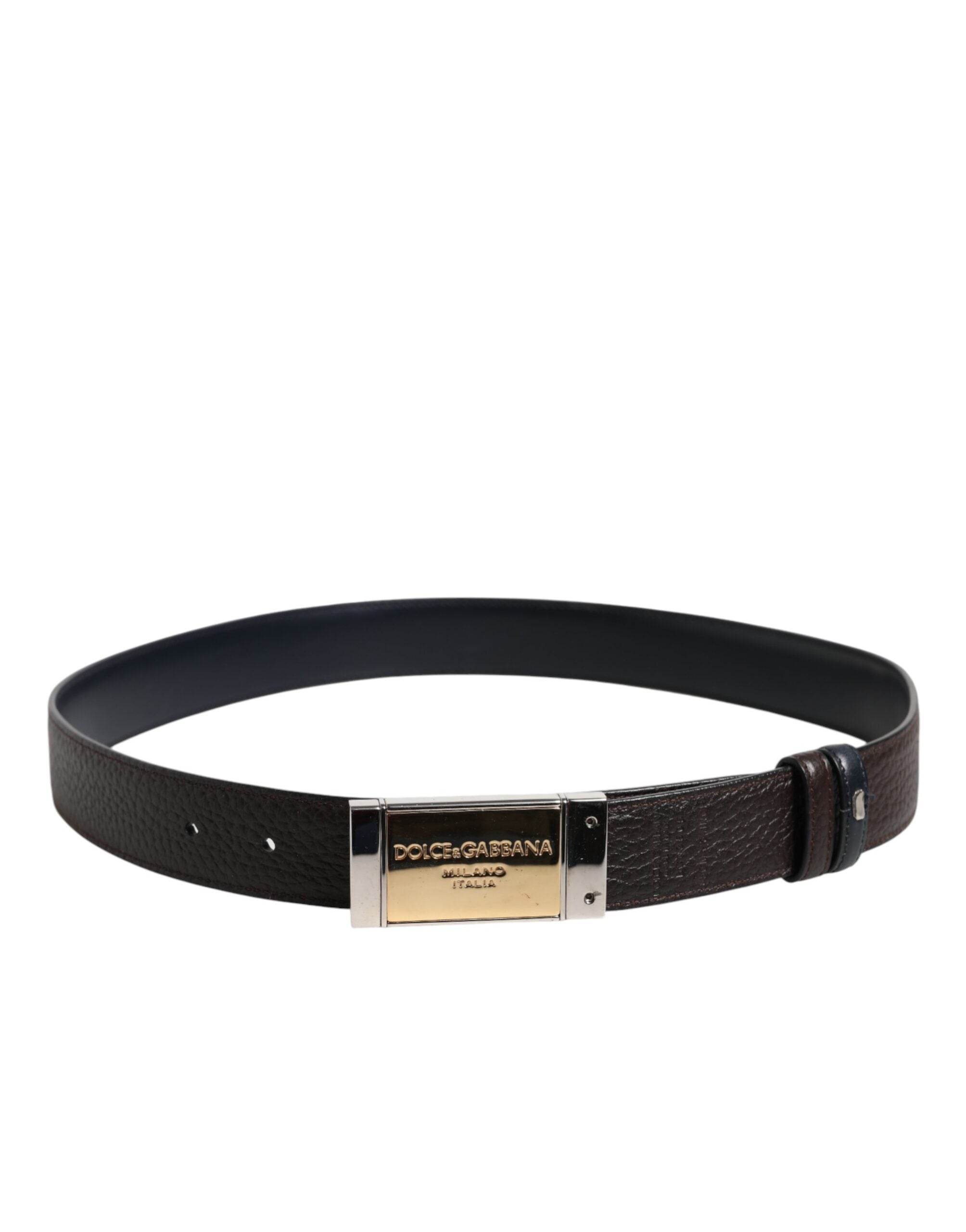Dolce & Gabbana Black Blue Leather Gold Buckle Reversible Belt - Hilstor