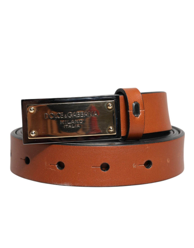 Dolce & Gabbana Brown Leather Gold Rectangle Buckle Belt - Hilstor