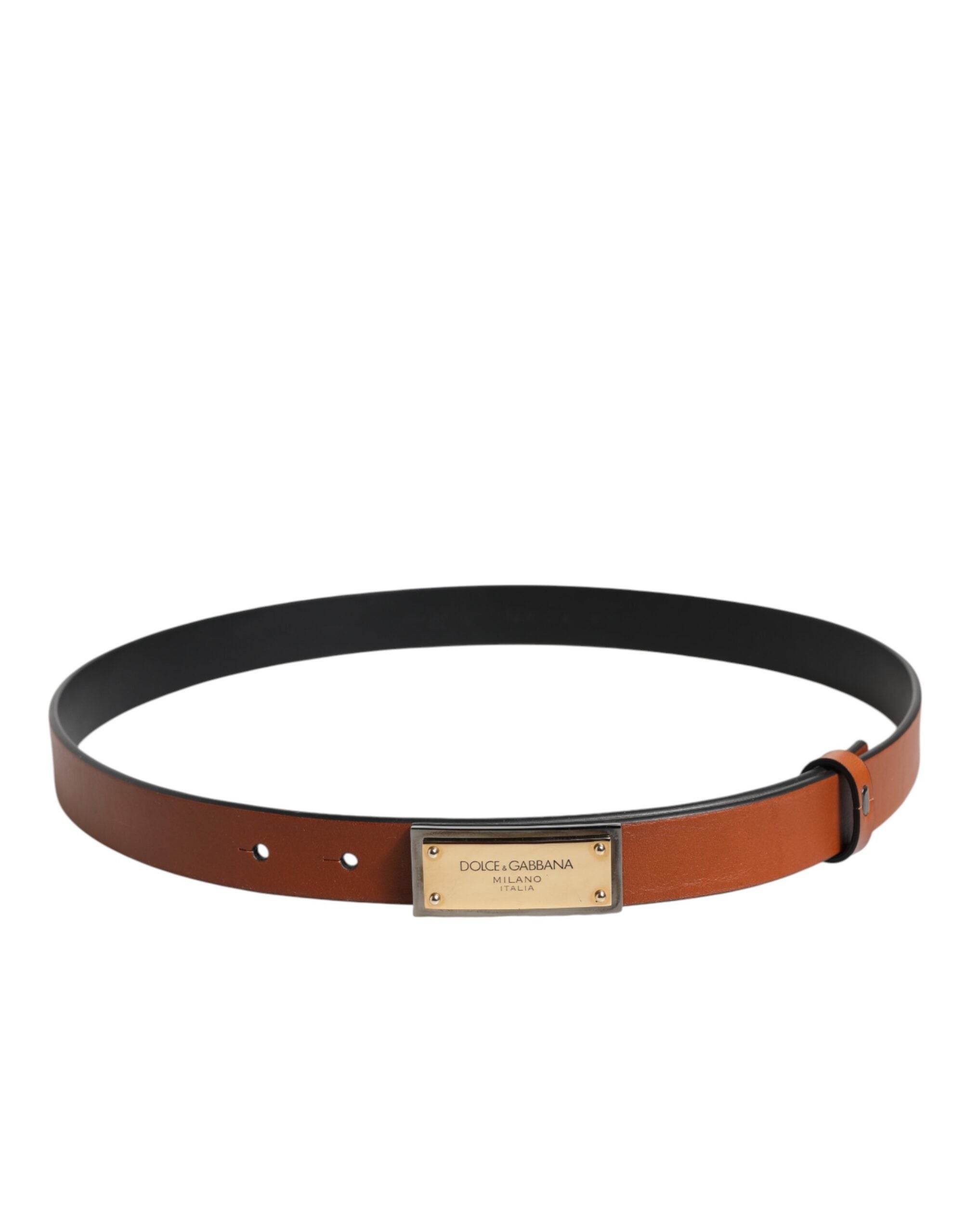 Dolce & Gabbana Brown Leather Gold Rectangle Buckle Belt - Hilstor