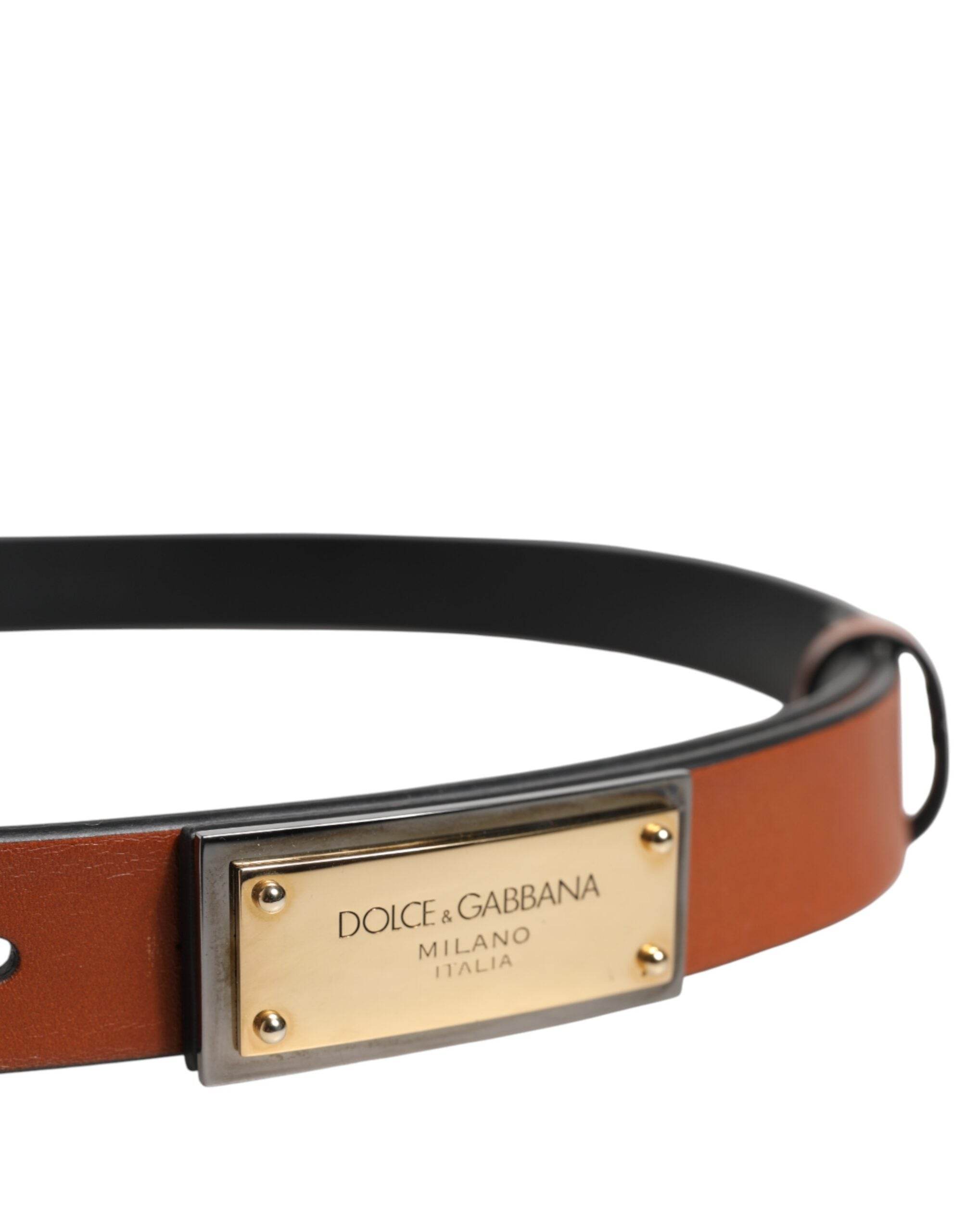 Dolce & Gabbana Brown Leather Gold Rectangle Buckle Belt - Hilstor