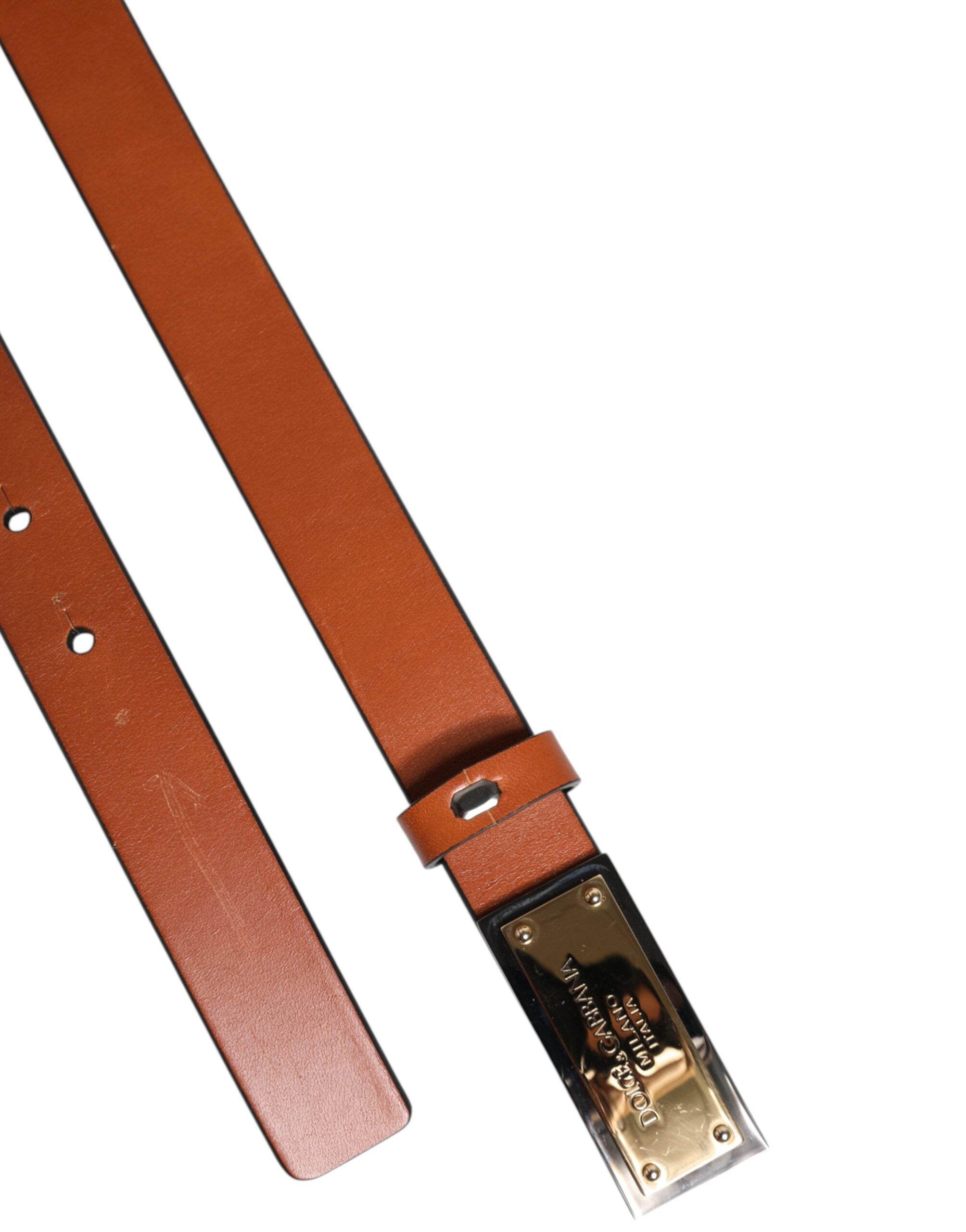 Dolce & Gabbana Brown Leather Gold Rectangle Buckle Belt - Hilstor