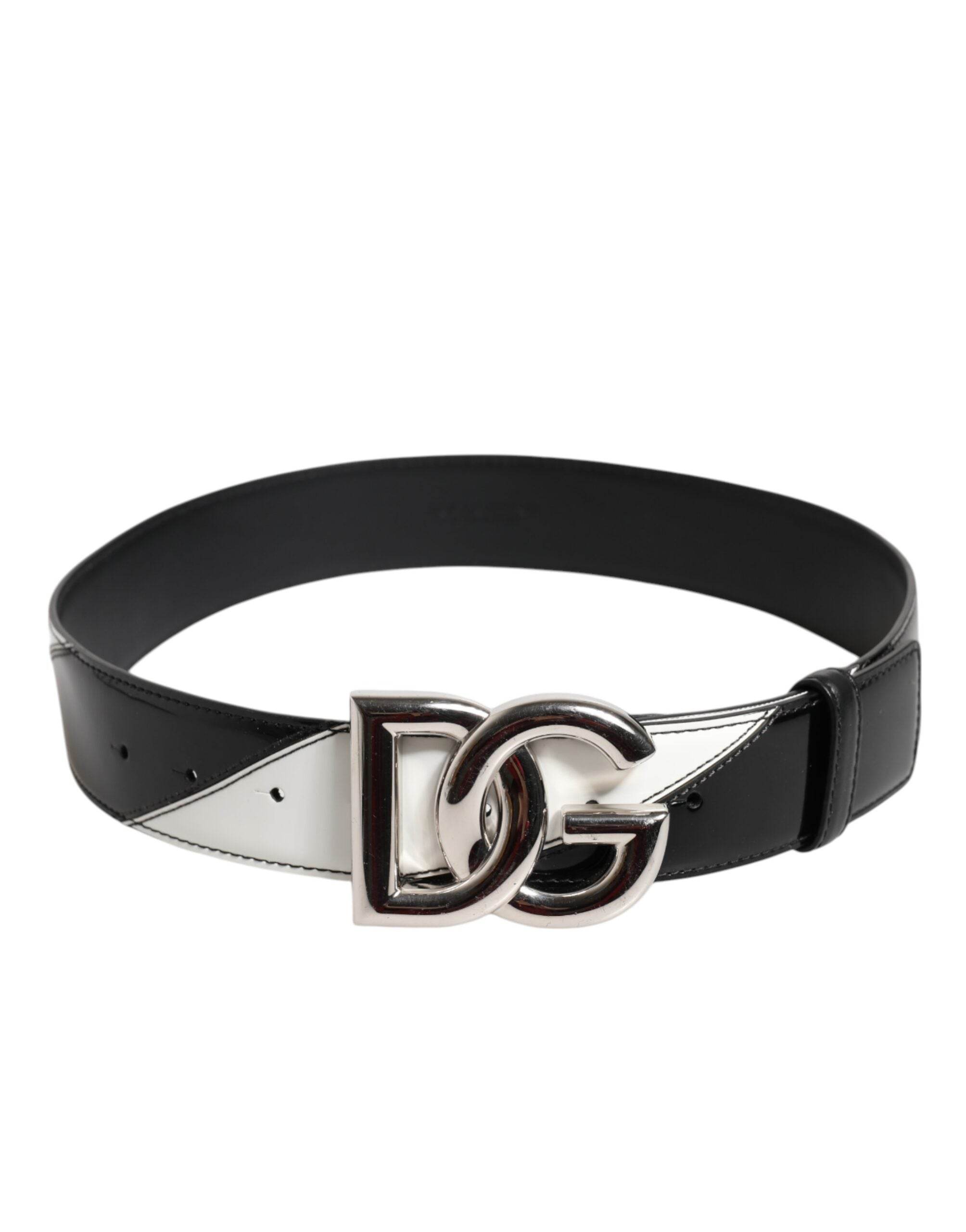 Dolce & Gabbana Black White Leather DG Metal Buckle Belt - Hilstor