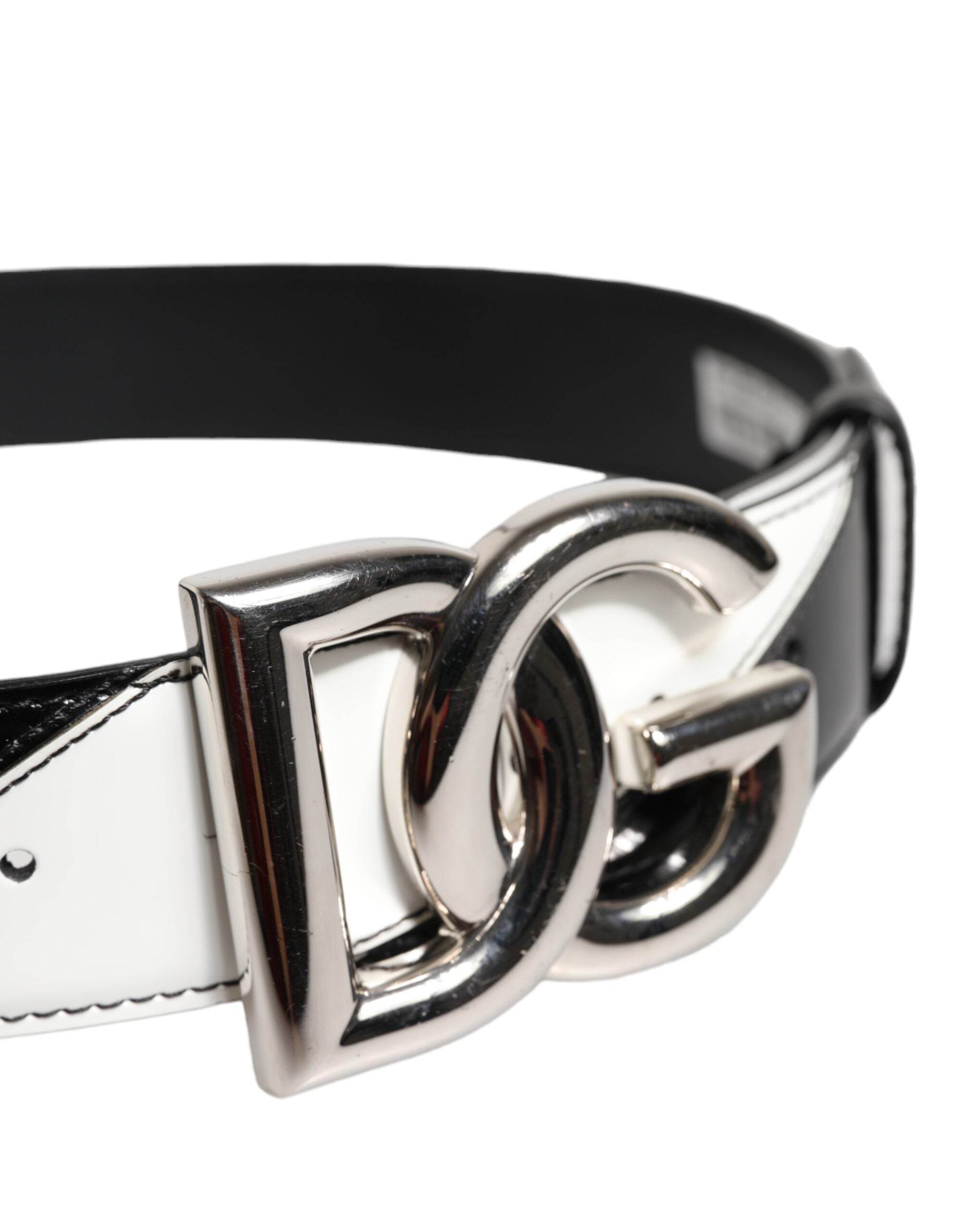 Dolce & Gabbana Black White Leather DG Metal Buckle Belt - Hilstor