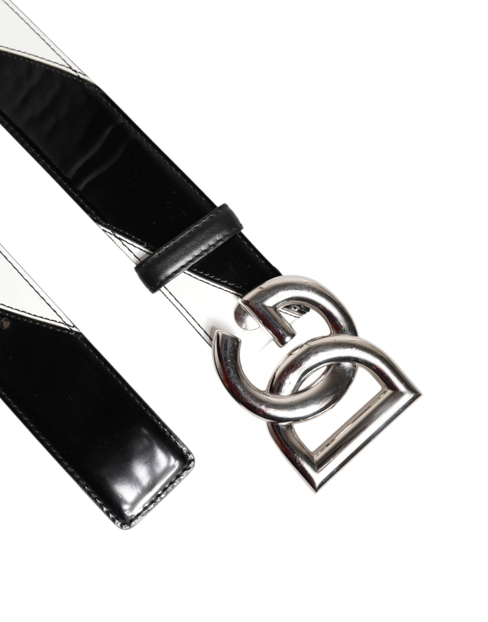 Dolce & Gabbana Black White Leather DG Metal Buckle Belt - Hilstor