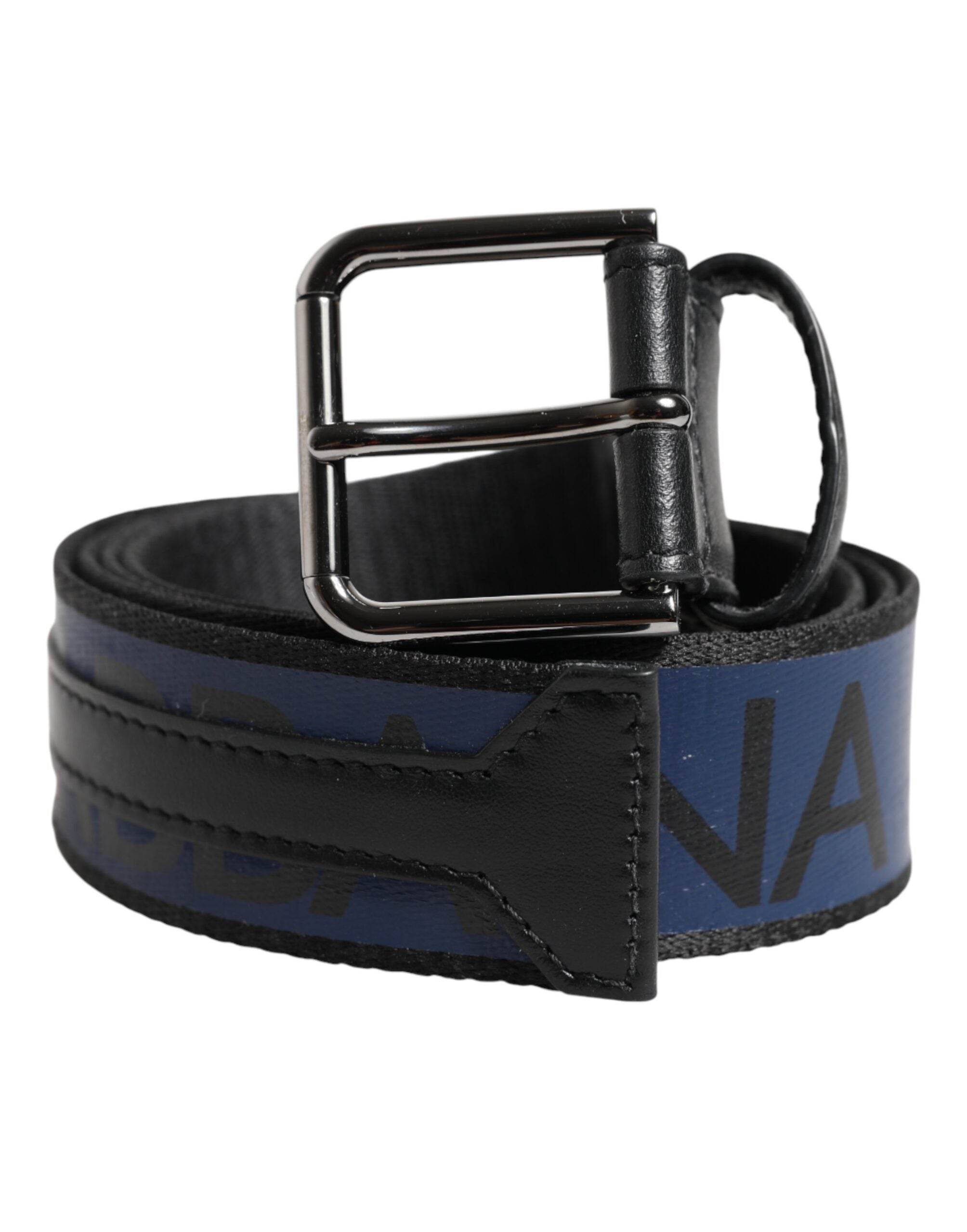 Dolce & Gabbana Black Blue DG Logo Silver Metal Buckle Belt - Hilstor